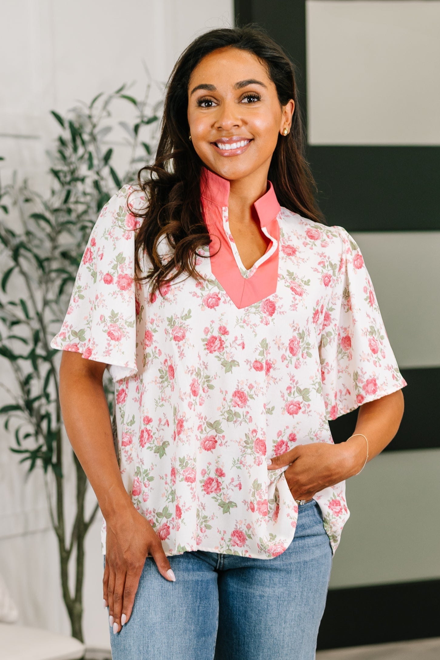 Blooming Season Split Neck Floral Blouse - Charming Charlie