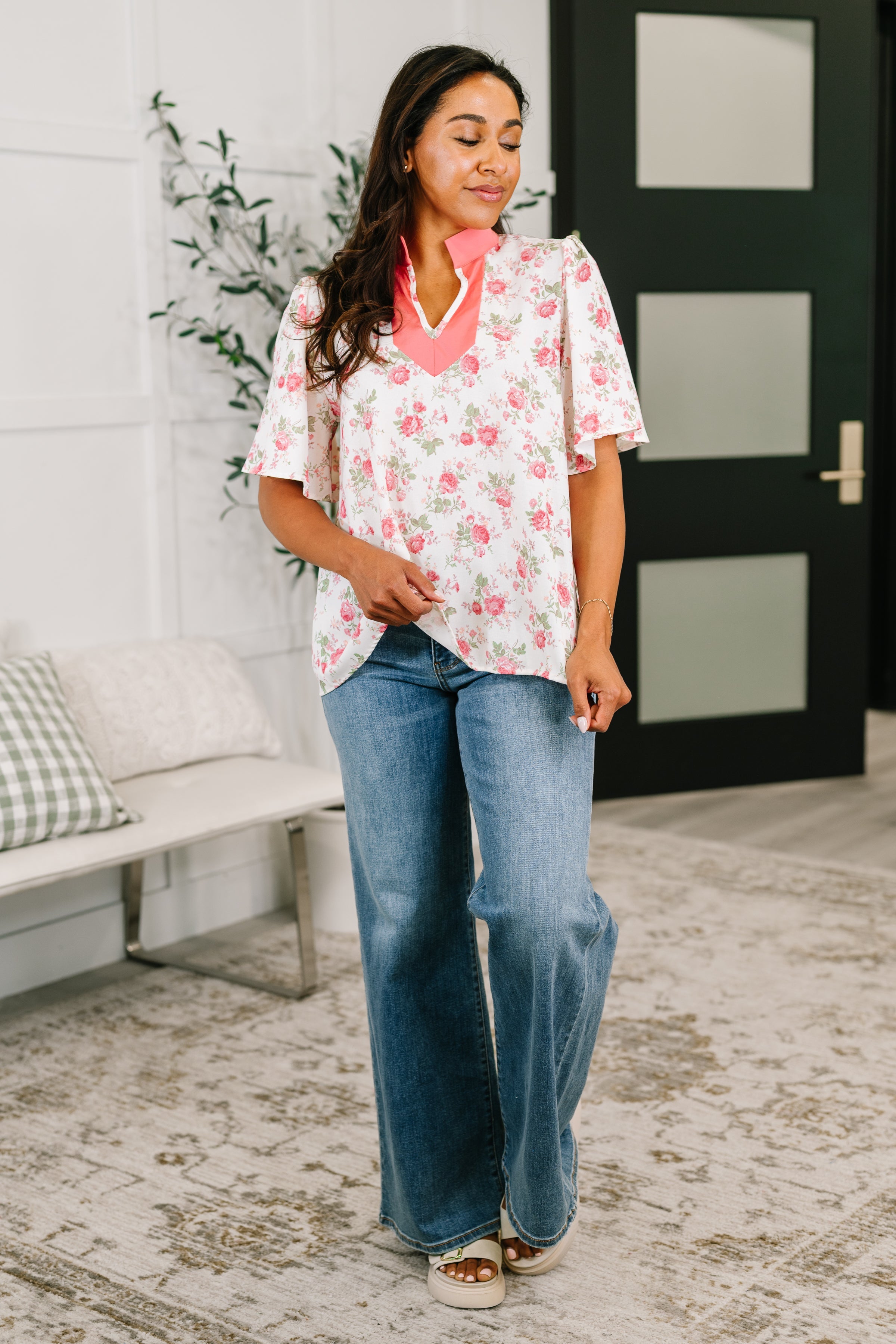 Blooming Season Split Neck Floral Blouse - Charming Charlie