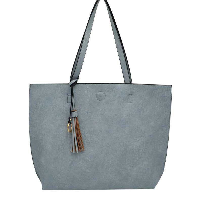 Blue Brown Large Tote Reversible Shoulder Vegan Leather Tassel Handbag, High quality Vegan Leather is a luxurious and durable, Stay organized in style with this square-shaped shopper tote purse that is fully reversible for two contrasting interior and exterior solid colors. This vegan leather handbag includes an on-trend removable tassel embellishment. Guaranteed, This will be your go-to handbag.
