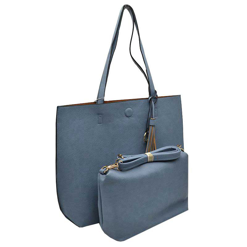 Blue Large Tote Reversible Shoulder Vegan Leather Tassel Handbag, High quality Vegan Leather is a luxurious and durable, Stay organized in style with this square-shaped shopper tote purse that is fully reversible for two contrasting interior and exterior solid colors. This vegan leather handbag includes an on-trend removable tassel embellishment. Guaranteed, This will be your go-to handbag.