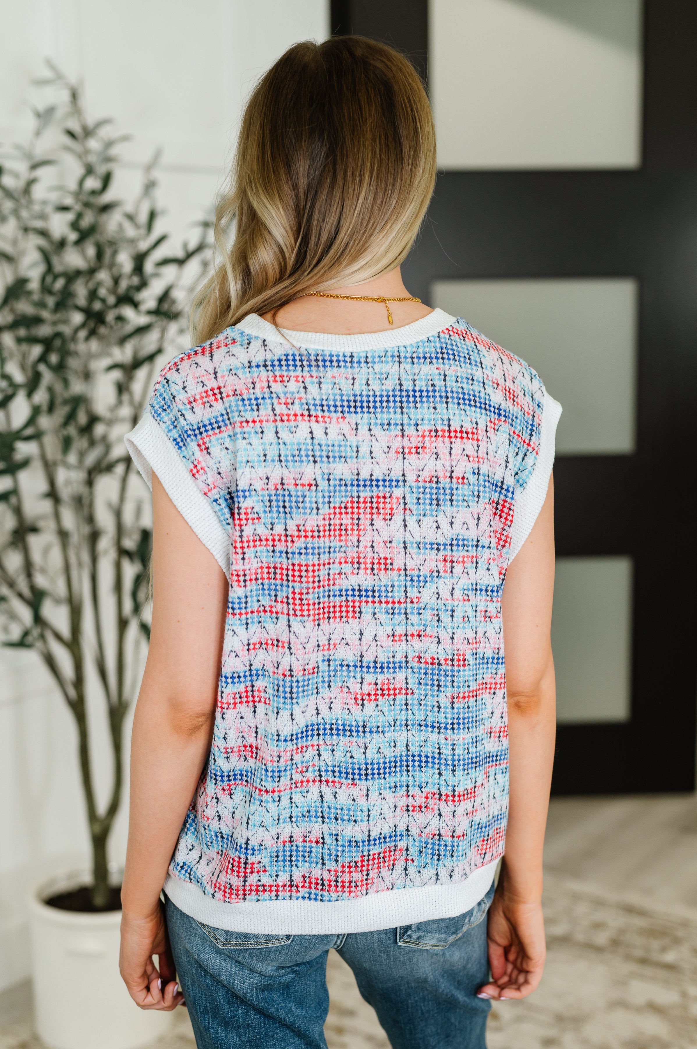 Blurred Beauty Textured Knit Top in Blue, Red and White - Charming Charlie
