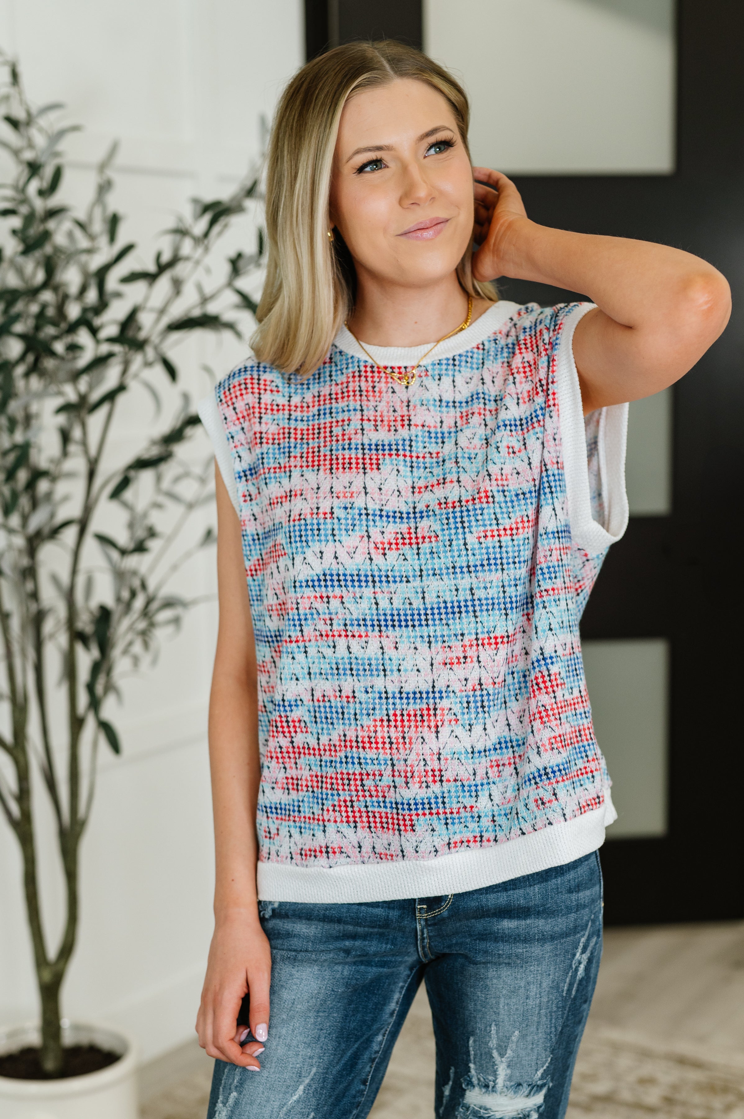 Blurred Beauty Textured Knit Top in Blue, Red and White - Charming Charlie