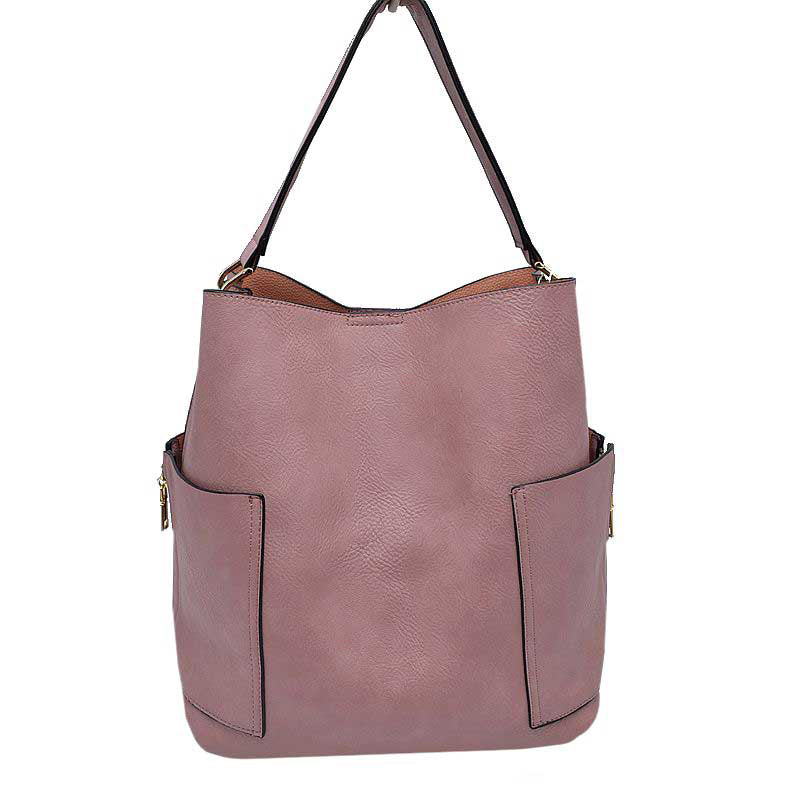 Blush 2in1 Chic Satchel Side Pocket With Long Strap Bucket Bag, This casual crossbody bucket bag is super soft Vegan leather and has convenient side pockets to carry water bottles, phones, or glasses and a removable zipper pouch. Gold hardware. Extra bag inside and strap to make it a crossbody. Perfect for carrying around your stuff, this bag is big enough for all your daily essentials.