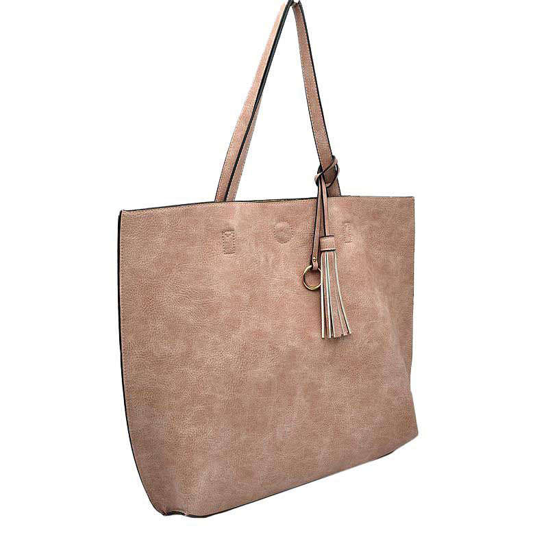 Blush Large Tote Reversible Shoulder Vegan Leather Tassel Handbag, High quality Vegan Leather is a luxurious and durable, Stay organized in style with this square-shaped shopper tote purse that is fully reversible for two contrasting interior and exterior solid colors. This vegan leather handbag includes an on-trend removable tassel embellishment. Guaranteed, This will be your go-to handbag.