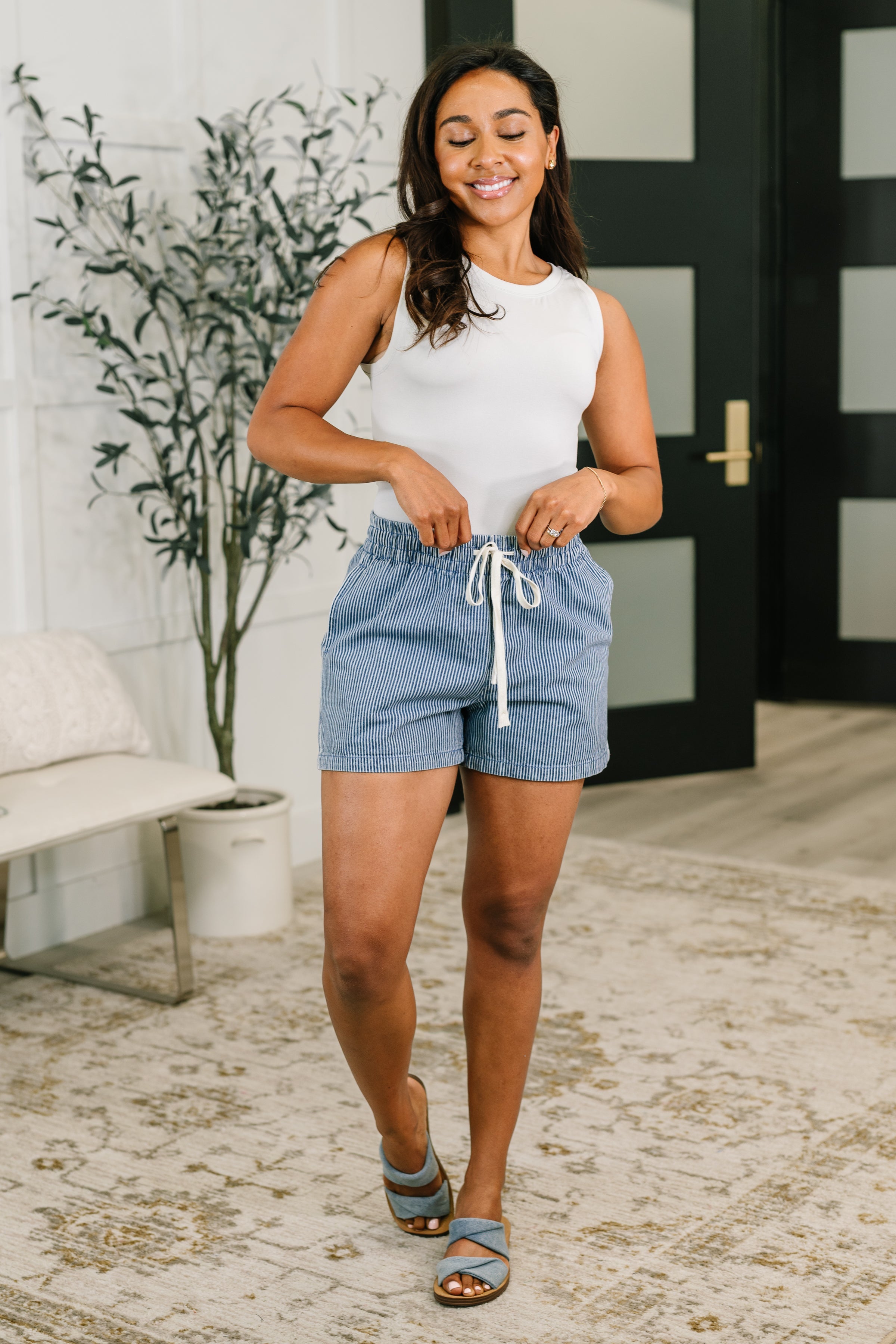Boardwalk Talks Drawstring Shorts in Dark Blue - Charming Charlie