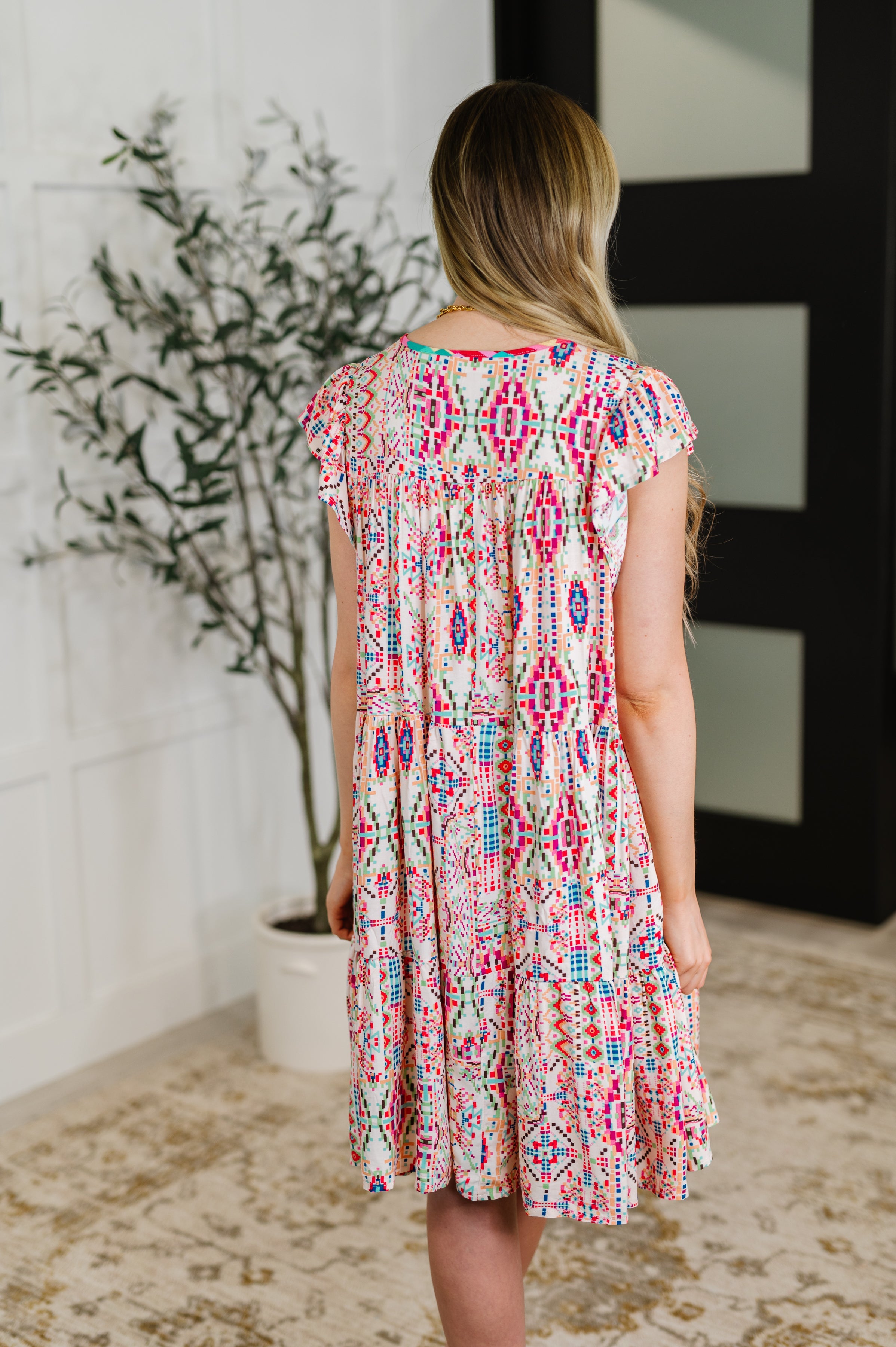 Boho and Behold Flutter Sleeve Dress in Blush/Fuchsia/Mint - Charming Charlie