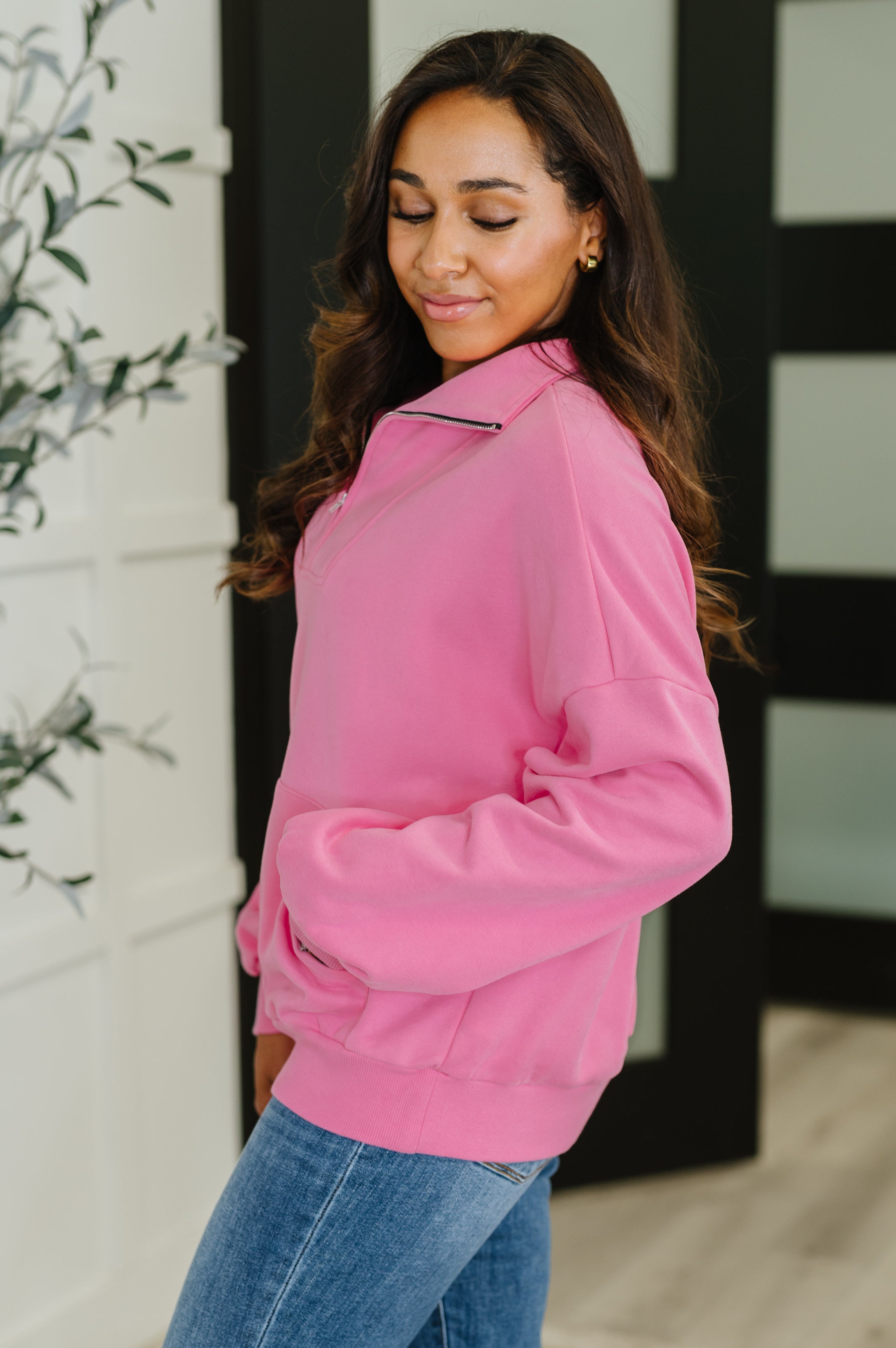 Bonbon Delight Half Zip Pullover in Pink - Charming Charlie