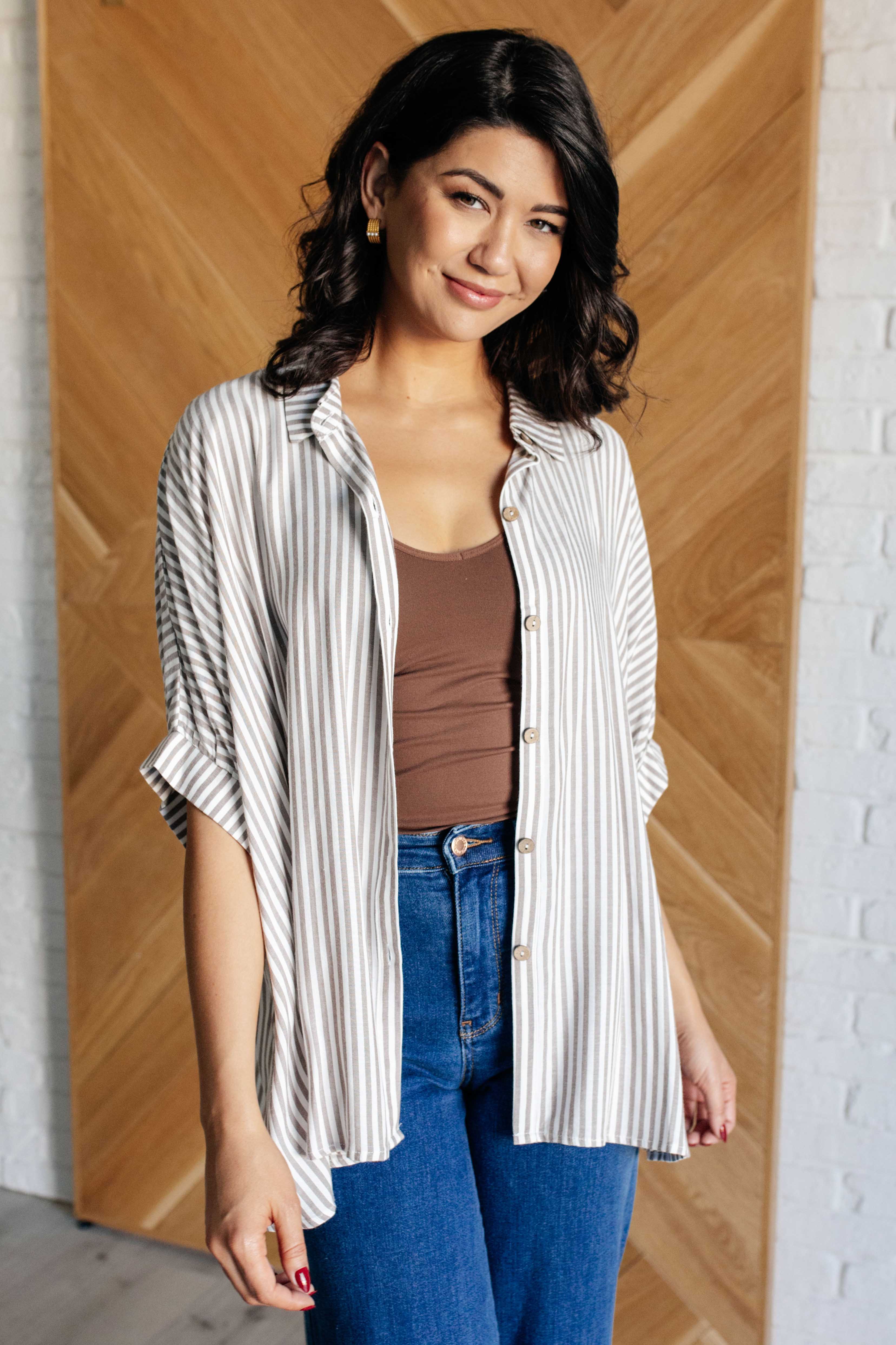 Boxy Striped Button Up in Mocha - Charming Charlie