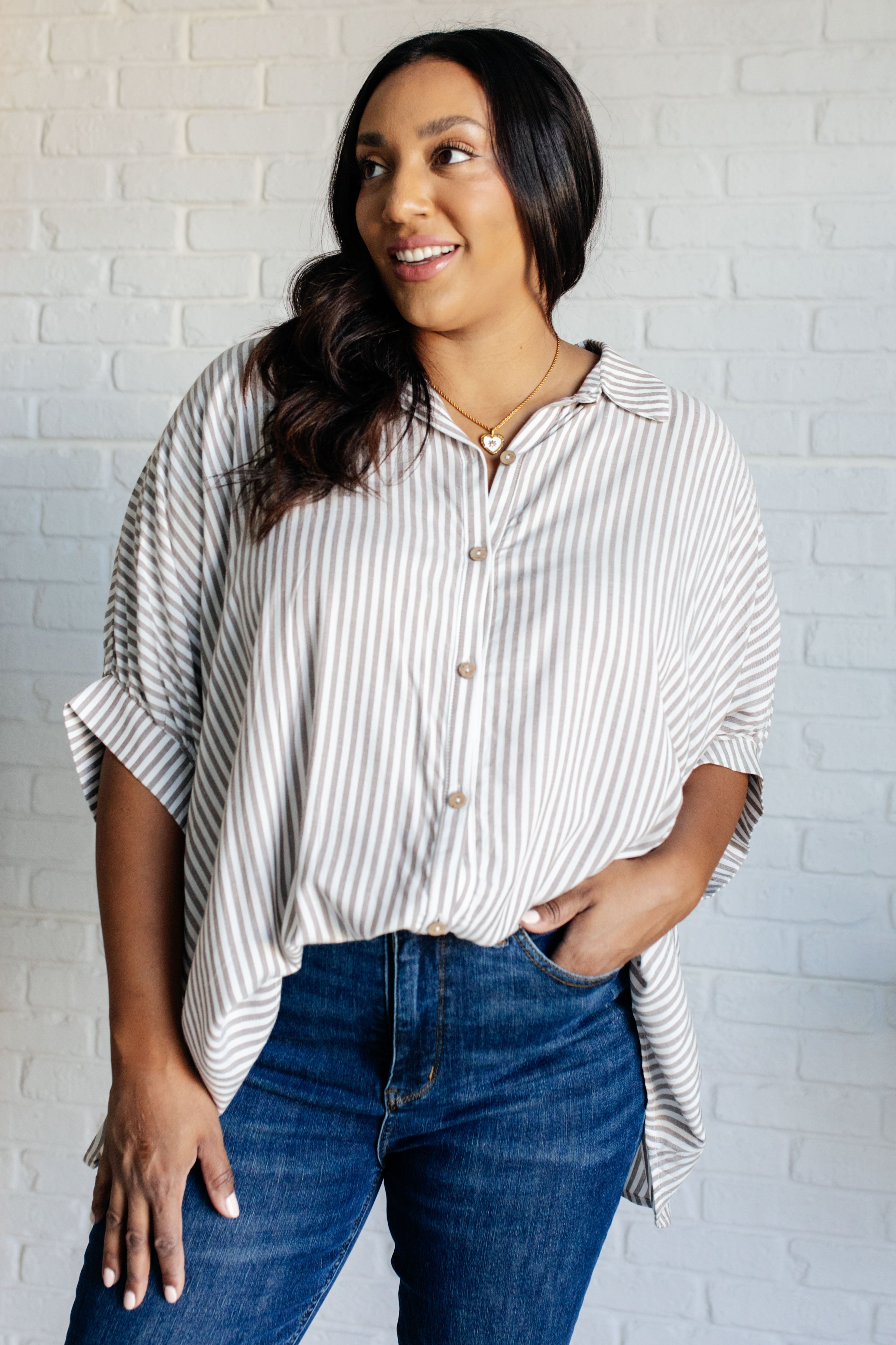 Boxy Striped Button Up in Mocha - Charming Charlie