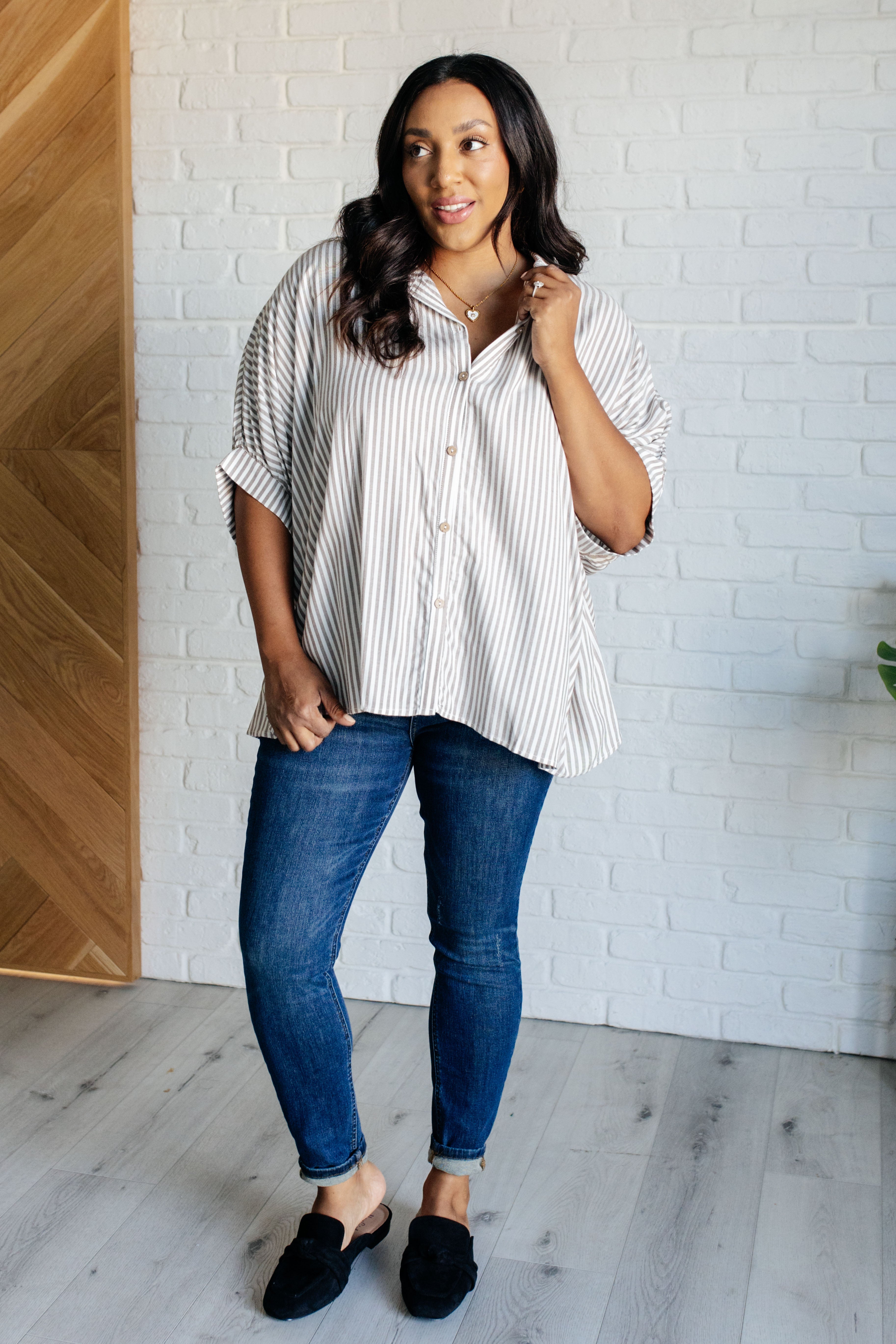 Boxy Striped Button Up in Mocha - Charming Charlie