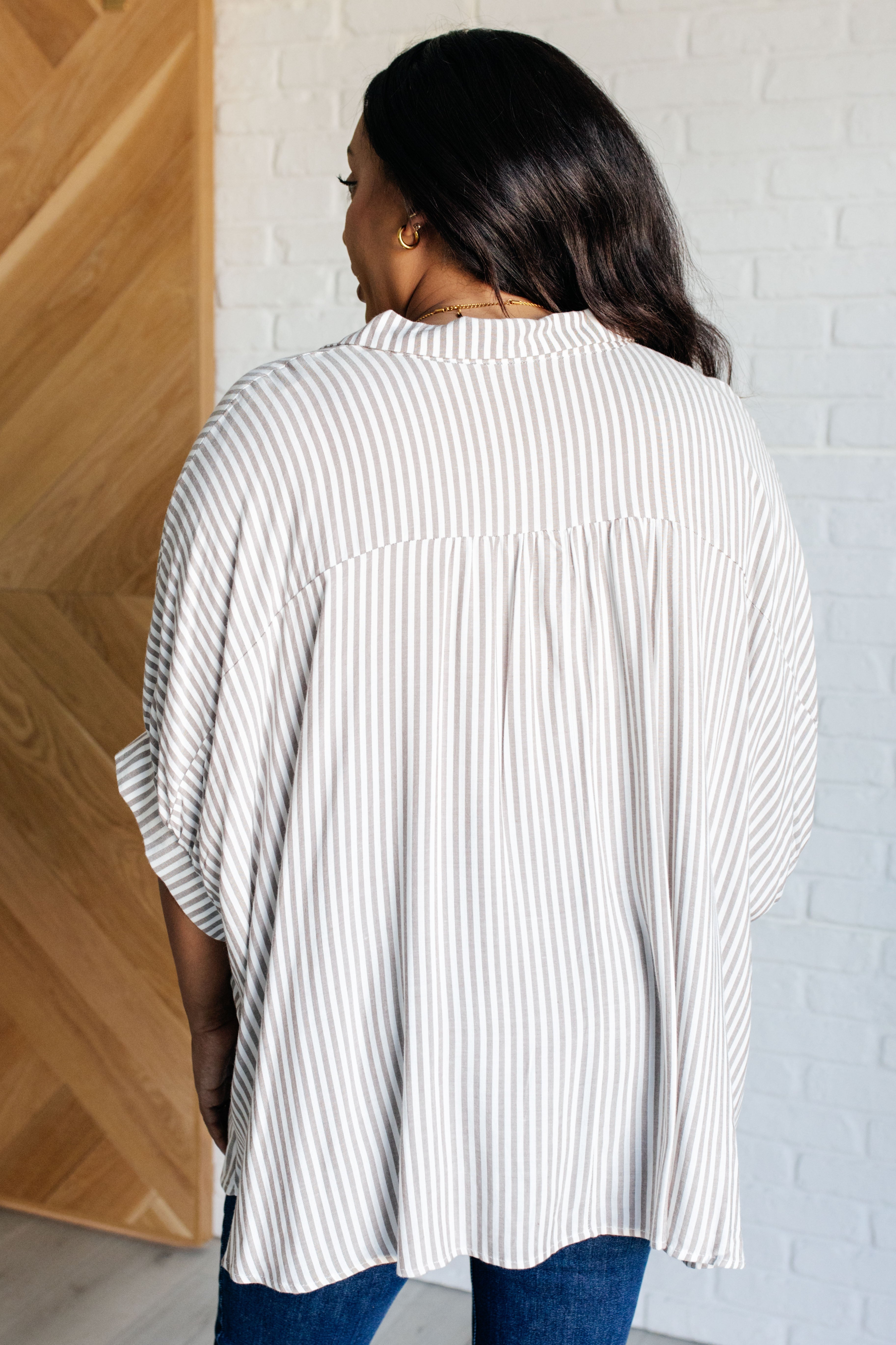 Boxy Striped Button Up in Mocha - Charming Charlie