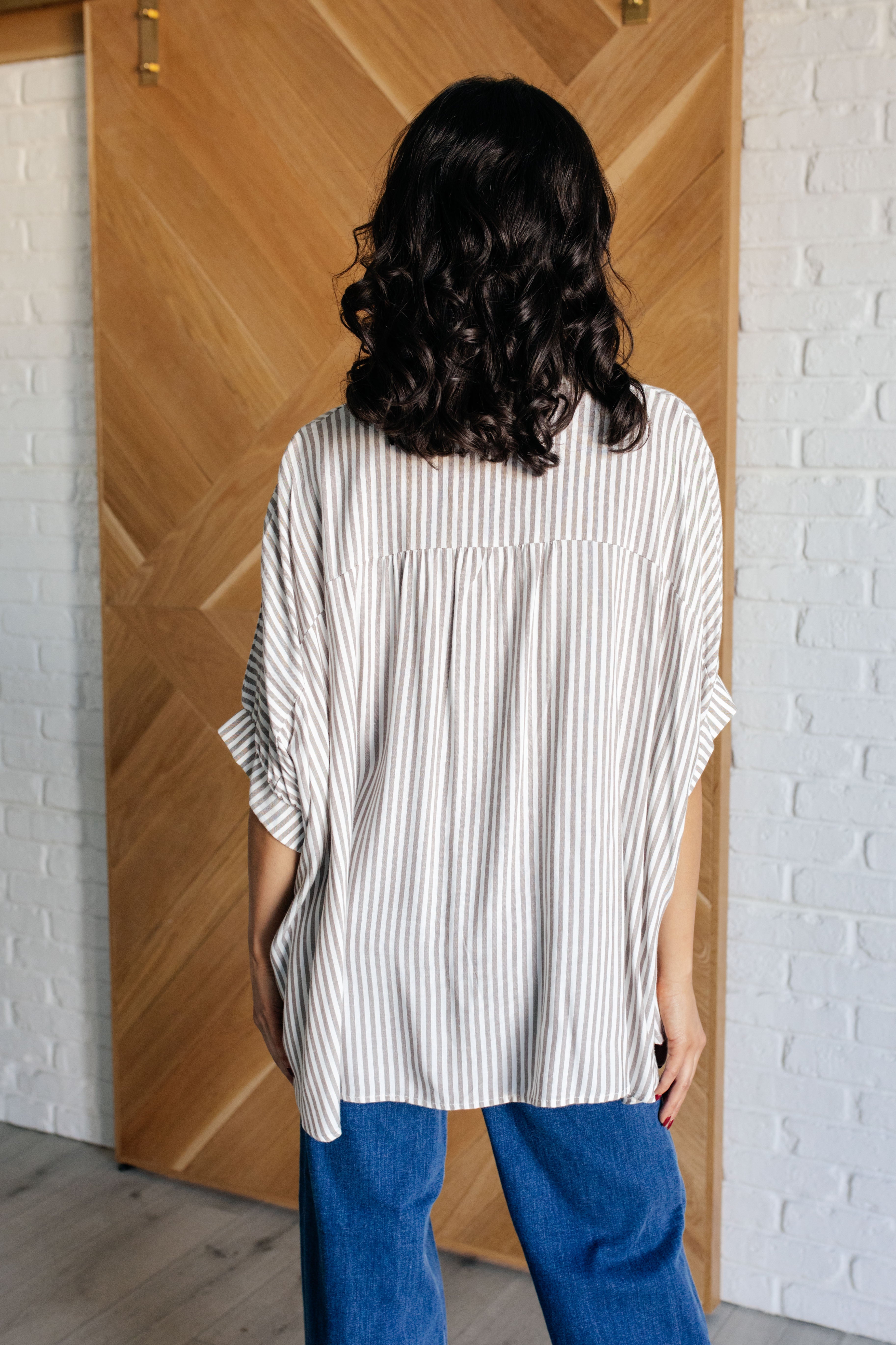 Boxy Striped Button Up in Mocha - Charming Charlie