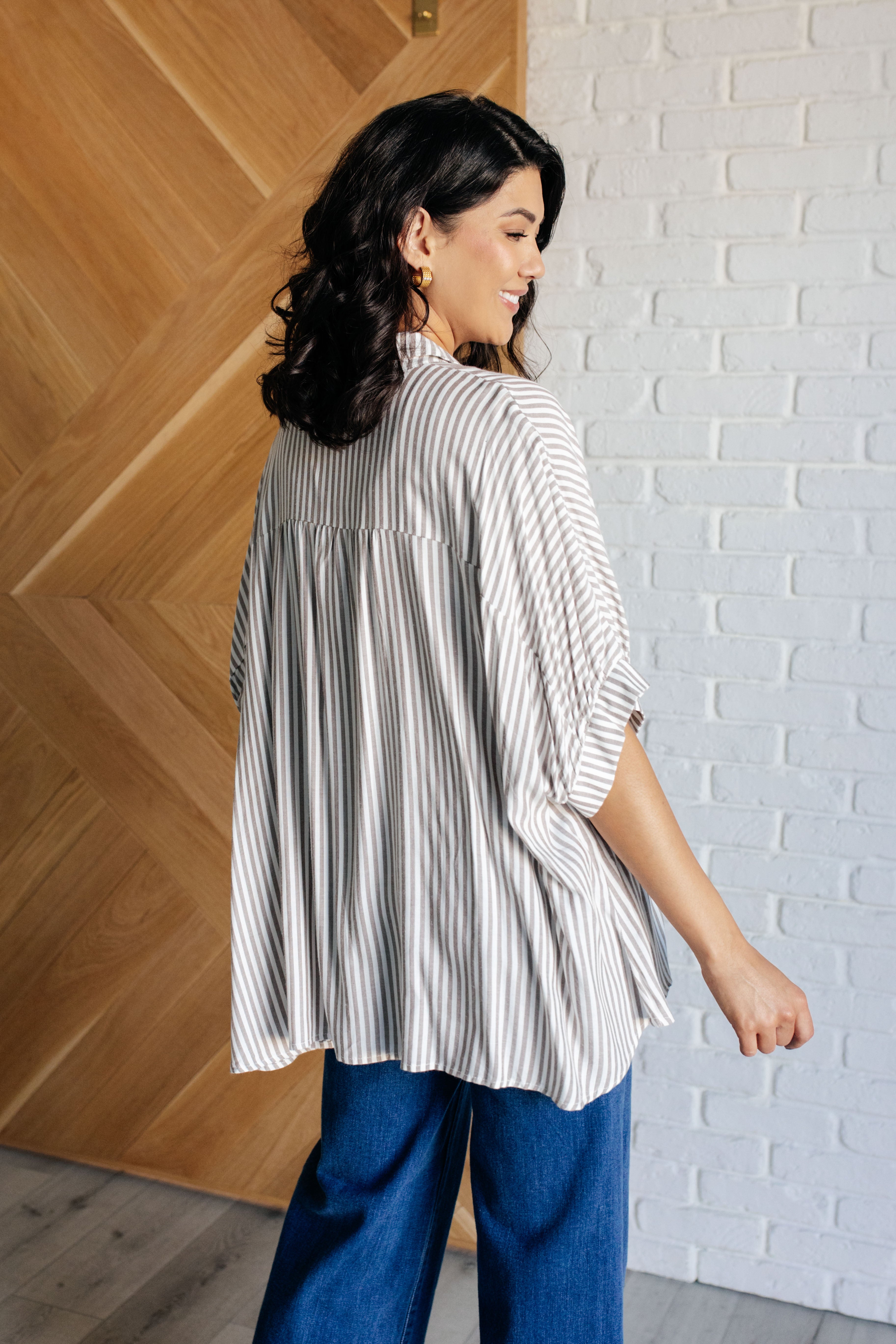 Boxy Striped Button Up in Mocha - Charming Charlie