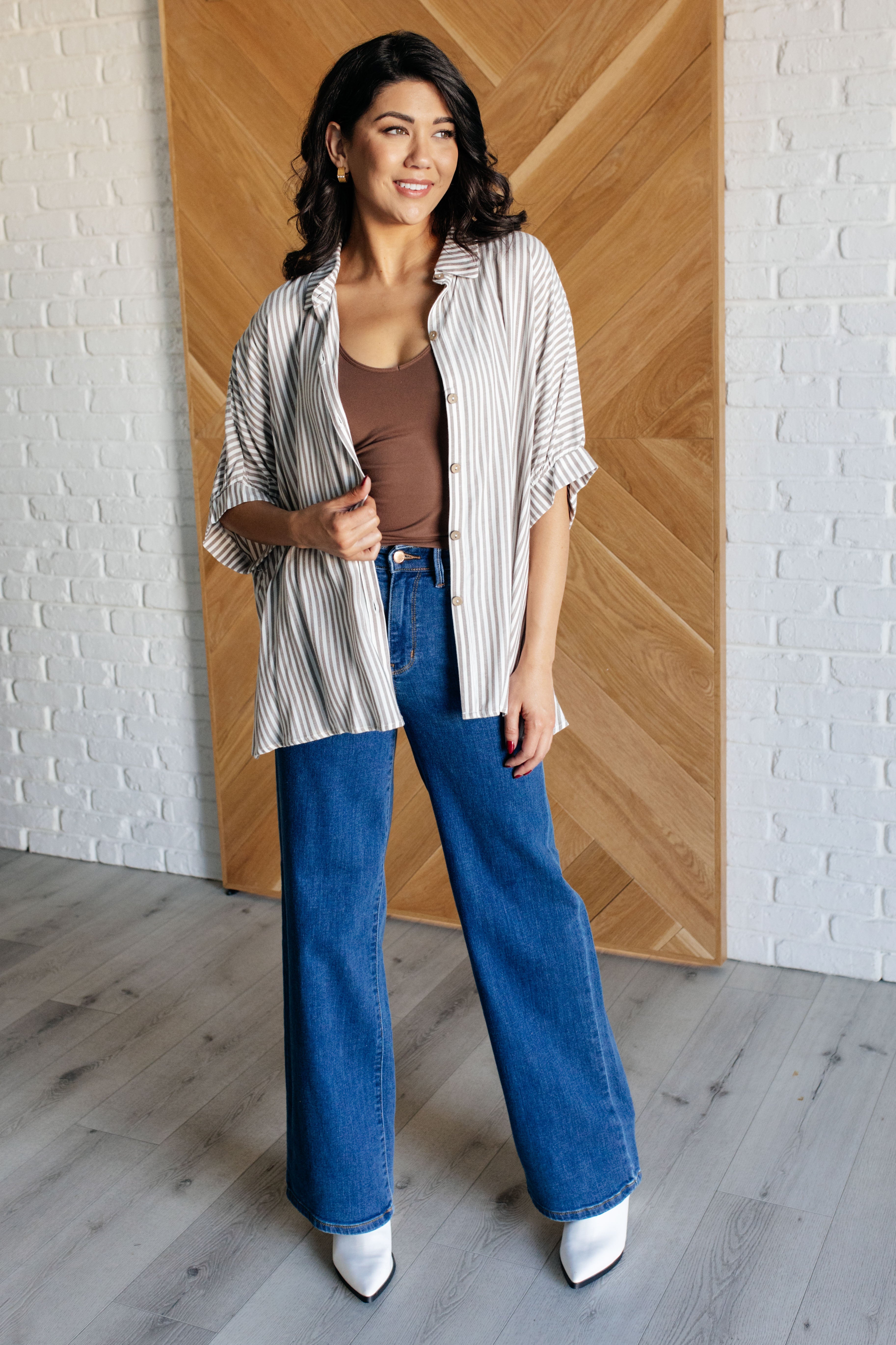 Boxy Striped Button Up in Mocha - Charming Charlie