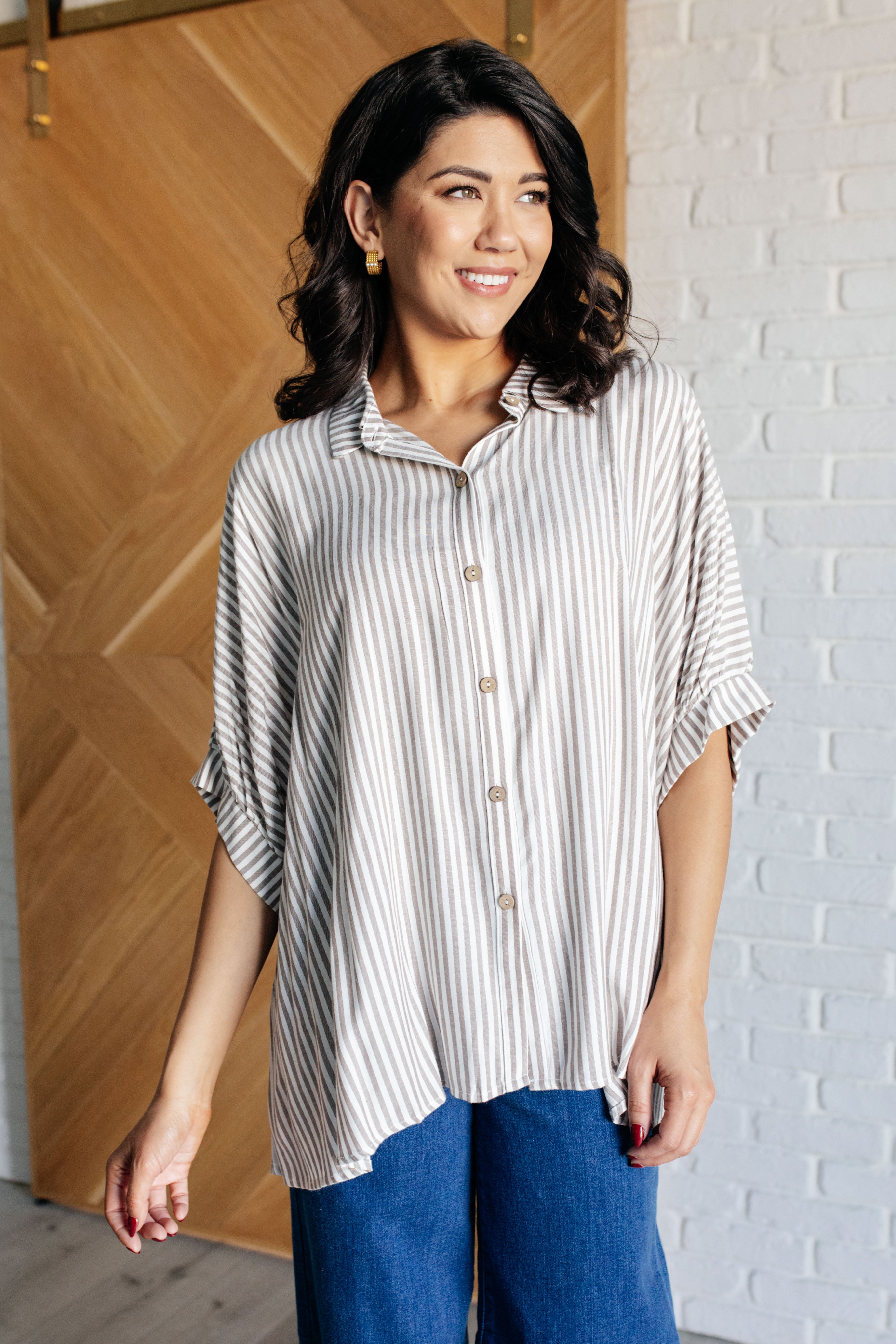 Boxy Striped Button Up in Mocha - Charming Charlie