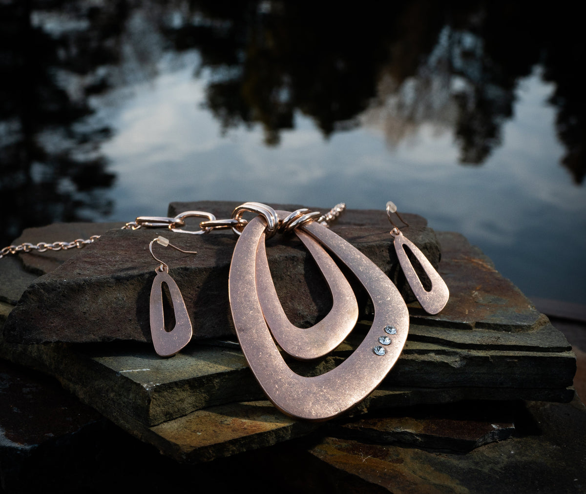 Rose Gold Link Double Pendant Necklace With Rhinestone And Earring Set - Charming Charlie