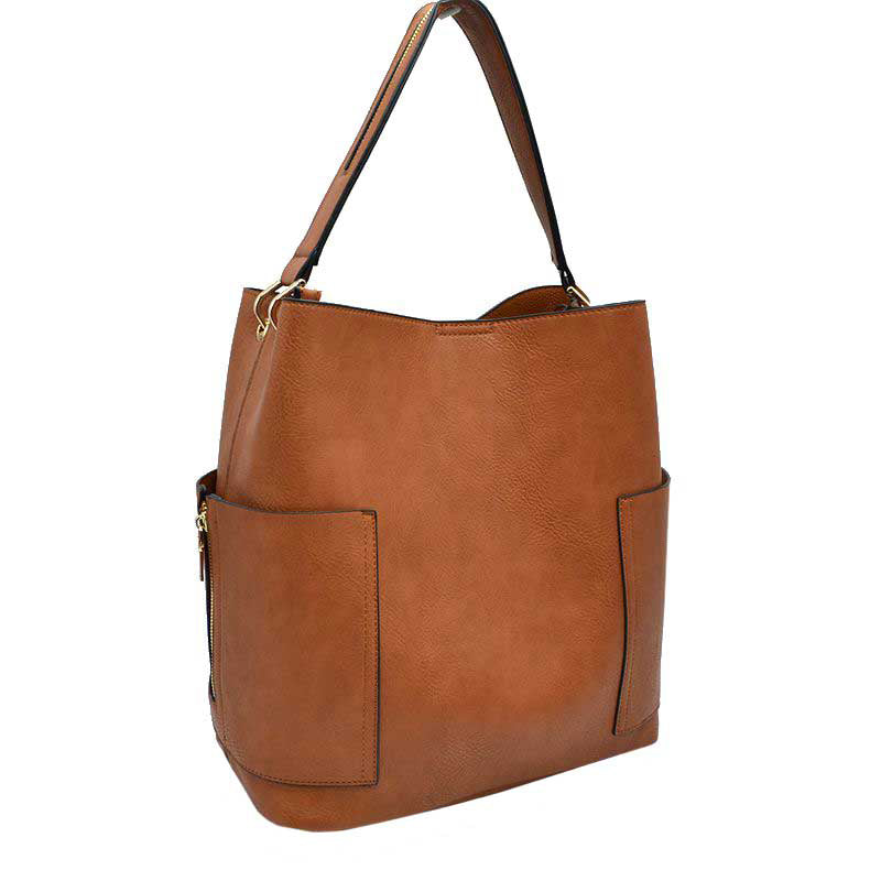 Brown 2in1 Chic Satchel Side Pocket With Long Strap Bucket Bag, This casual crossbody bucket bag is super soft Vegan leather and has convenient side pockets to carry water bottles, phones, or glasses and a removable zipper pouch. Gold hardware. Extra bag inside and strap to make it a crossbody. Perfect for carrying around your stuff, this bag is big enough for all your daily essentials.