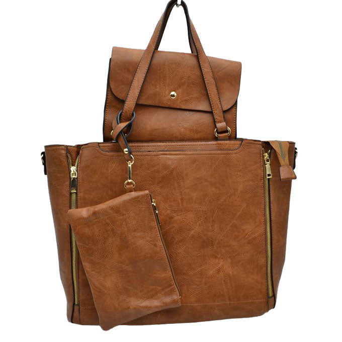 Brown 3 in 1 Side Zipper Women's Handbag set. Ideal for parties, events, holidays, pair these handbags with any ensemble for a polished look. Versatile enough for using straight through the week, perfect for carrying around all-day. Great Birthday Gift, Anniversary Gift, Mother's Day Gift, Graduation Gift, Valentine's Day Gift. Wear as a crossbody, shoulder bag, or hand carry for your favorite look.