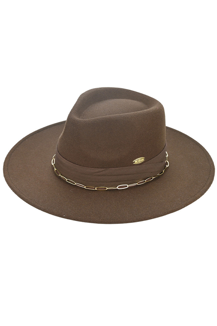 C.C Link Chain & Pleated Wide Band Vegan Felt Hat - Brown - Felt Hat