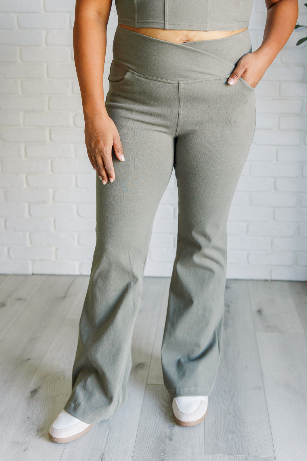 Building Habits Twill Flared Crossover Waist Pant in Dusty Olive - Charming Charlie