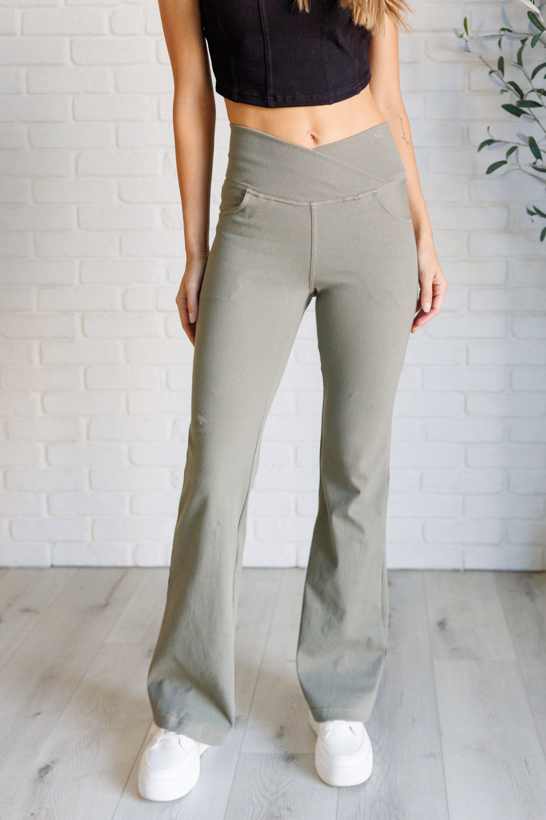 Building Habits Twill Flared Crossover Waist Pant in Dusty Olive - Charming Charlie