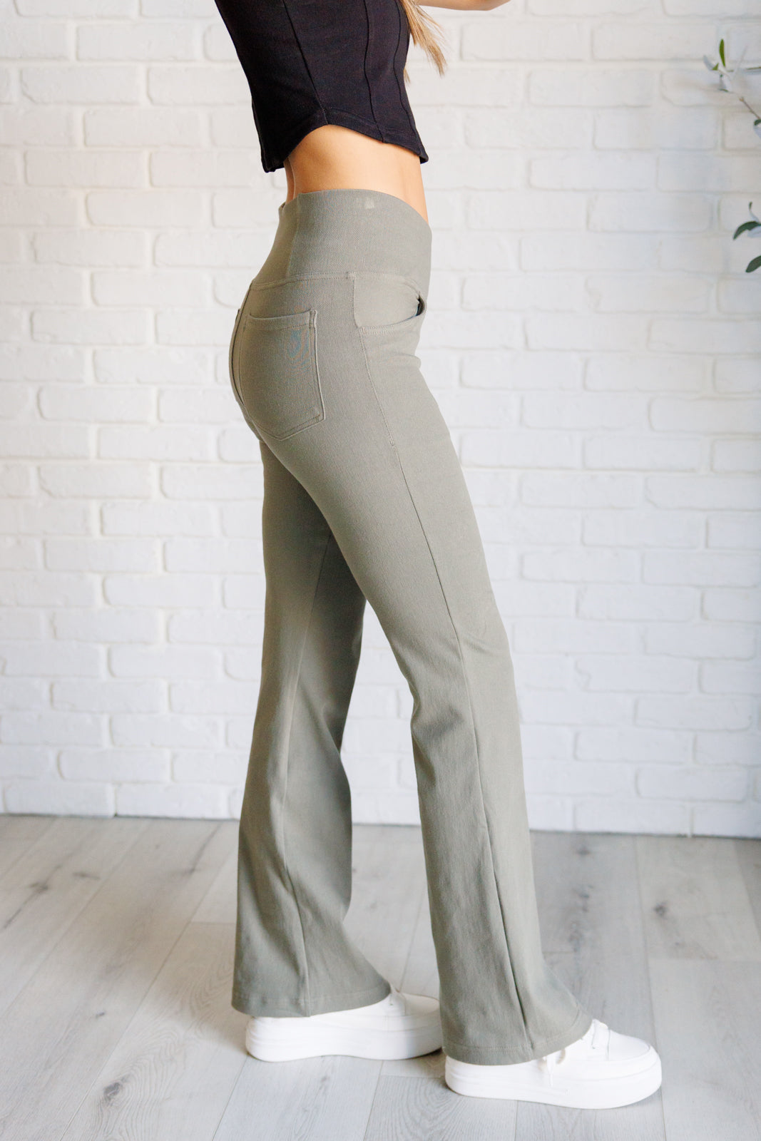 Building Habits Twill Flared Crossover Waist Pant in Dusty Olive - Charming Charlie