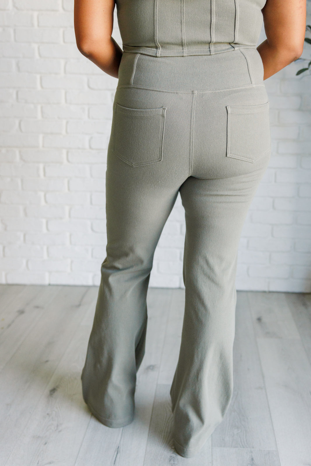 Building Habits Twill Flared Crossover Waist Pant in Dusty Olive - Charming Charlie