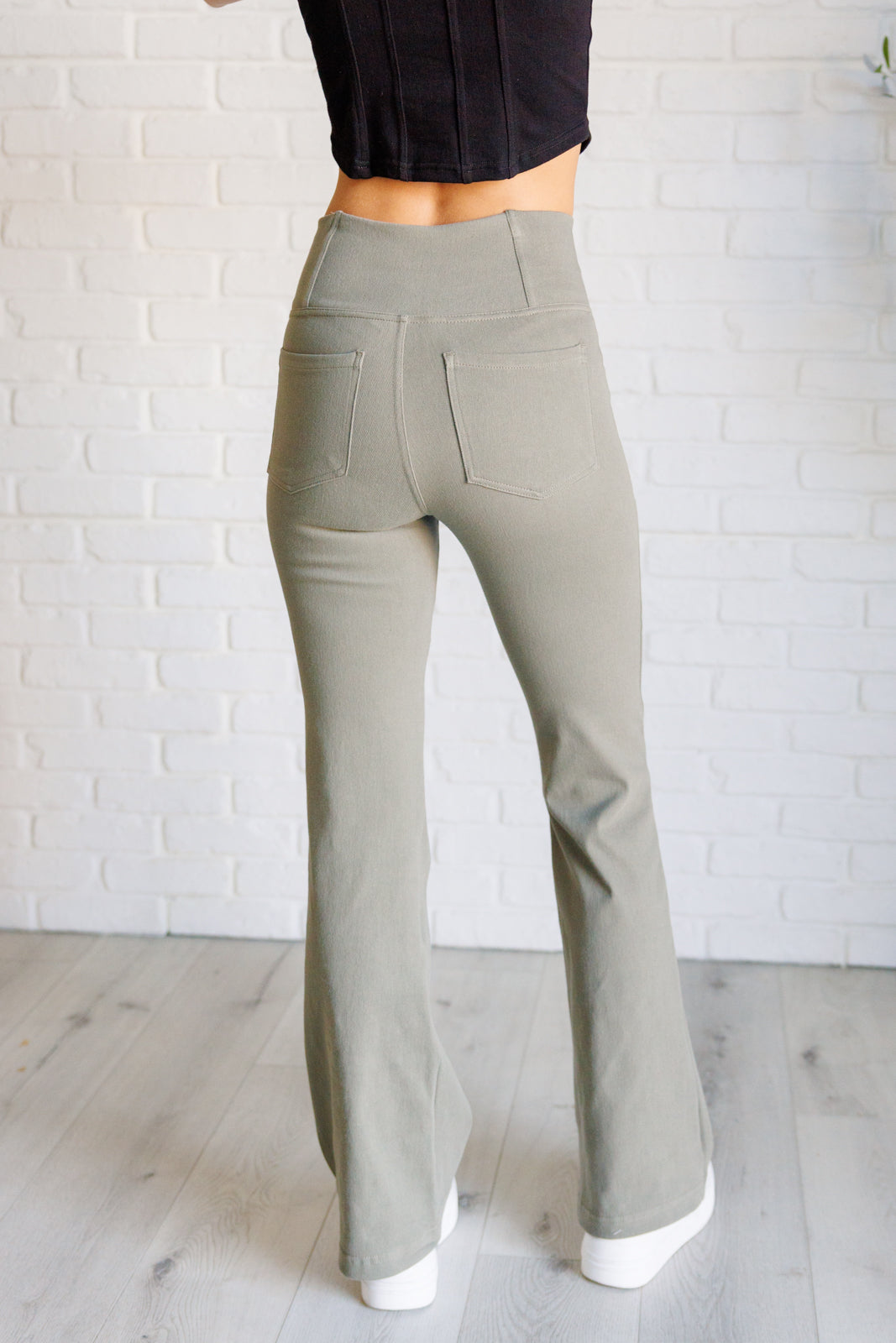 Building Habits Twill Flared Crossover Waist Pant in Dusty Olive - Charming Charlie