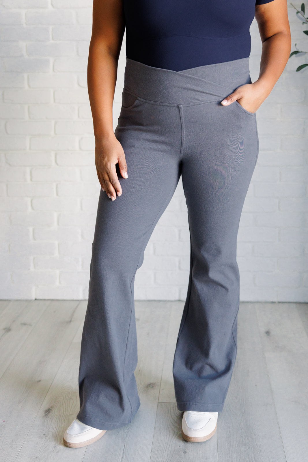 Building Habits Twill Flared Crossover Waist Pant in Titanium - Charming Charlie