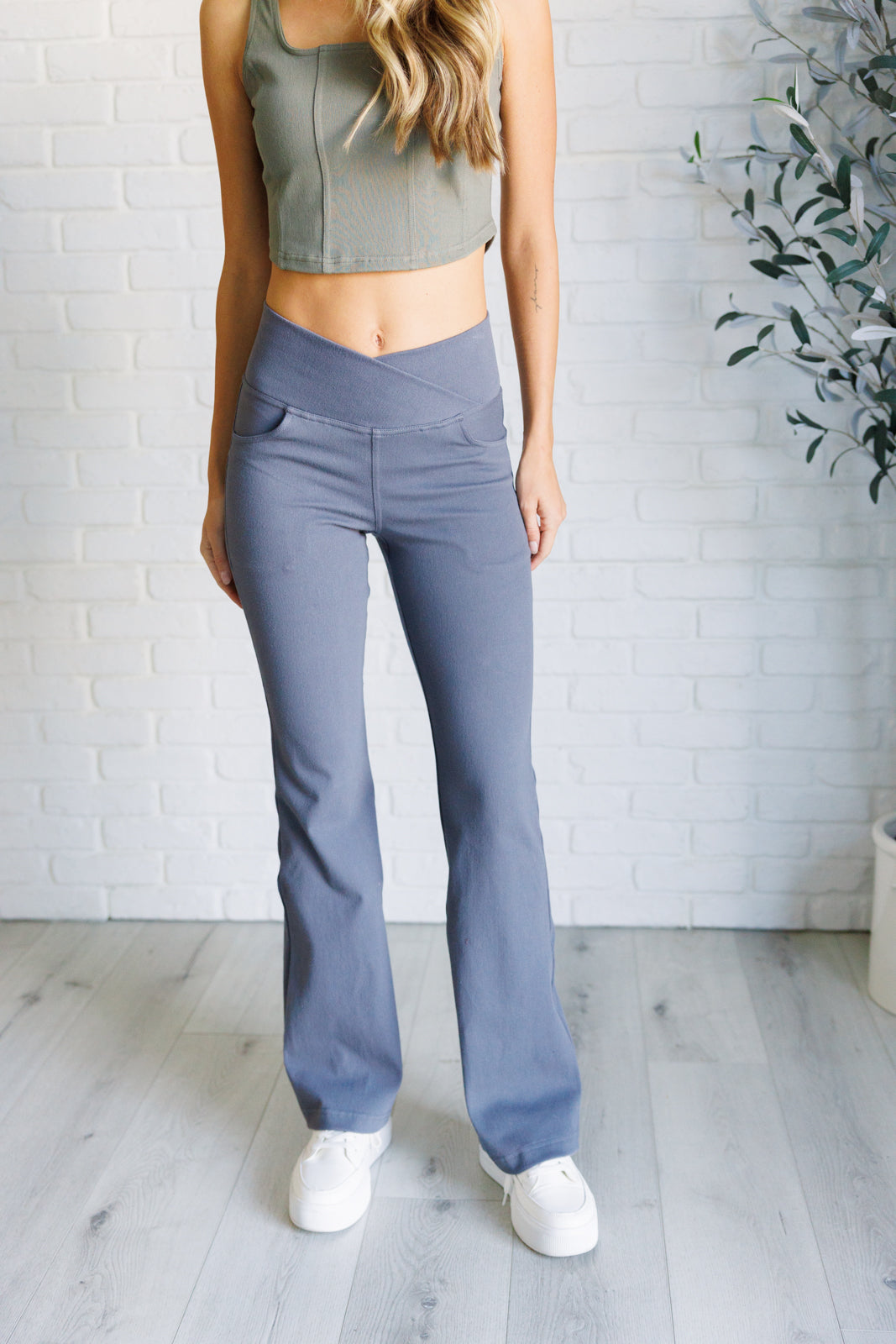 Building Habits Twill Flared Crossover Waist Pant in Titanium - Charming Charlie