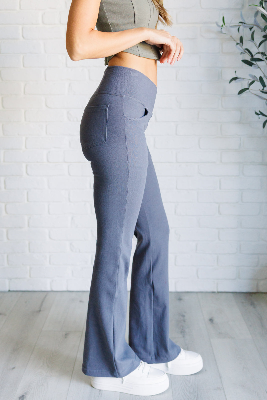 Building Habits Twill Flared Crossover Waist Pant in Titanium - Charming Charlie