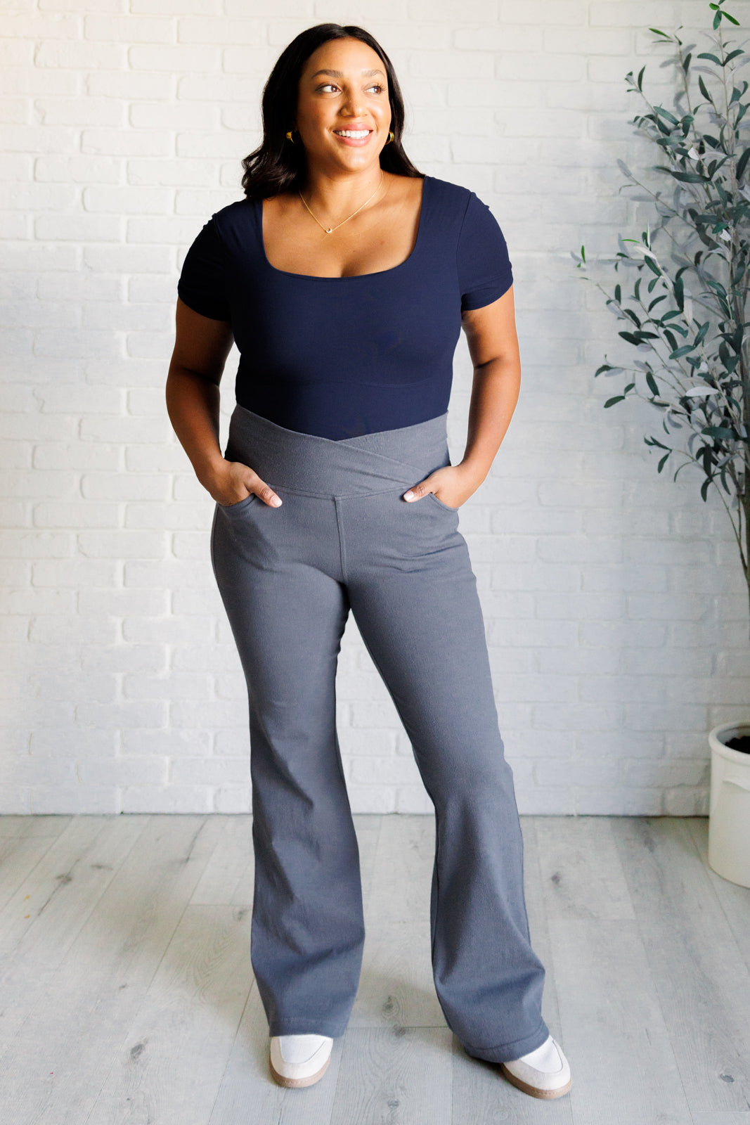 Building Habits Twill Flared Crossover Waist Pant in Titanium - Charming Charlie
