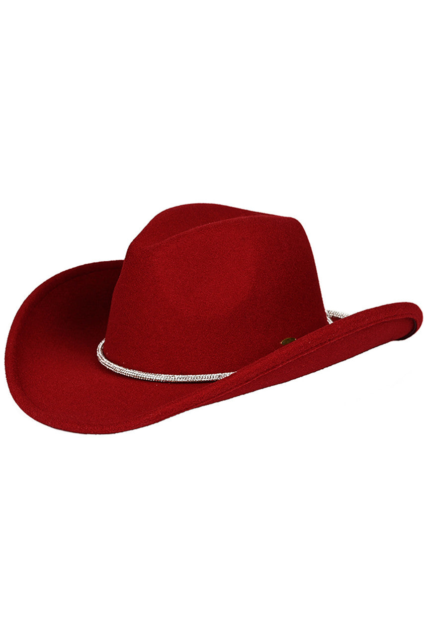 Burgundy C.C Cowboy Vegan Felt Hat is made with high-quality materials and features a fashionable Rhinestone String Trim Band. Stay stylish and cruelty-free with this must-have accessory.