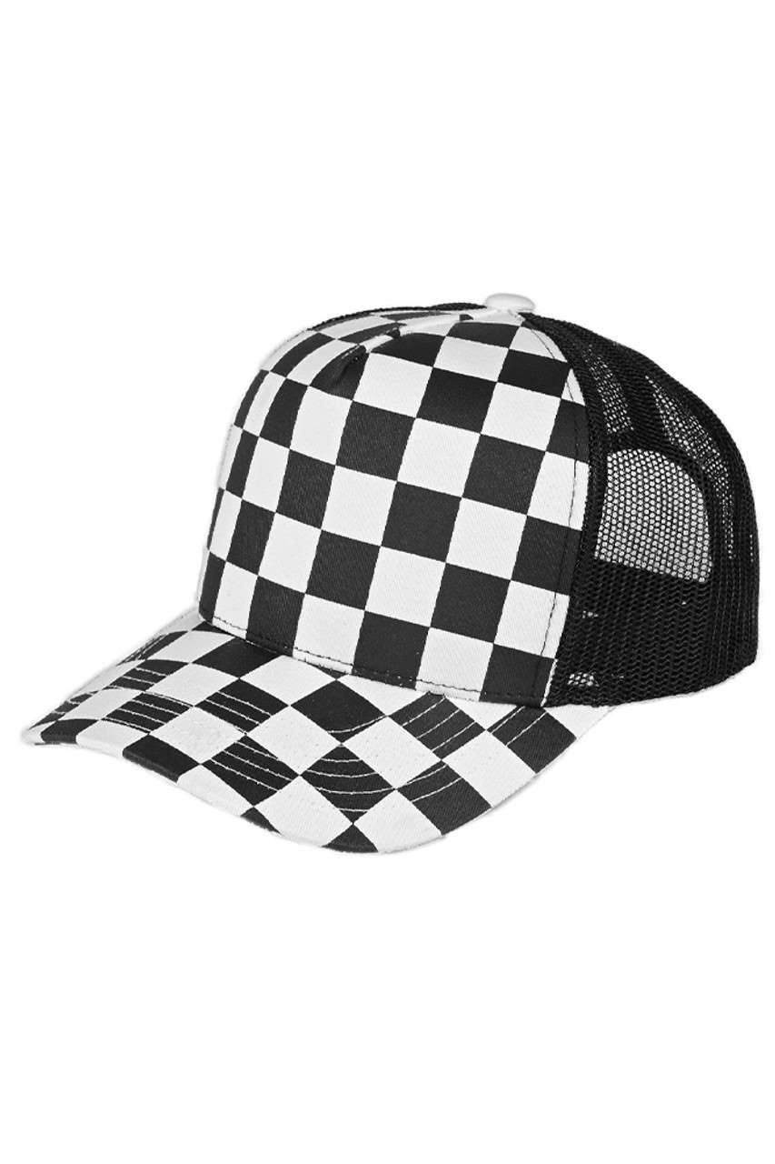 C.C Black/White Race Checkered Mesh Trucker Cap is a must-have for any race fan or trendsetter. With its unique design, it combines style and functionality. The breathable mesh back keeps you cool while the checkered print adds a touch of race day charm. Perfect for any occasion, this cap is sure to make a statement.