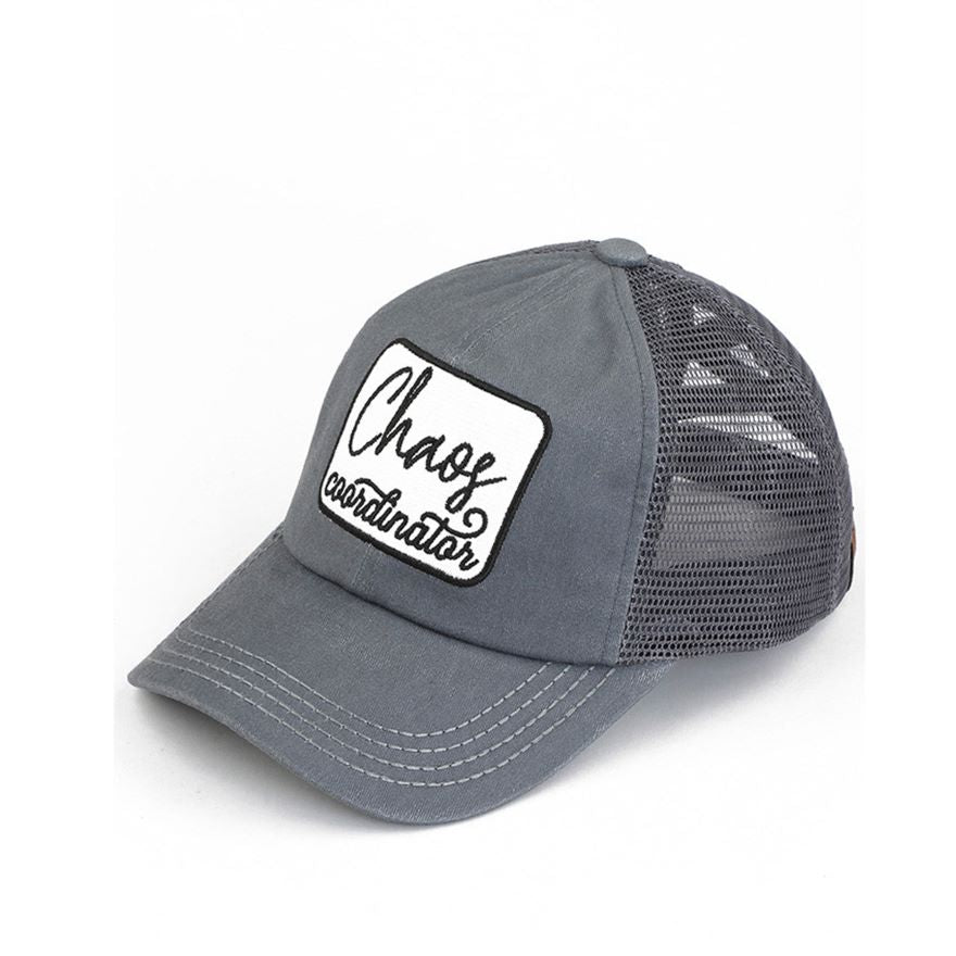 Gray C.C CHAOS COORDINATOR PATCH PONY CAP is the perfect accessory for any outfit. Made with high-quality materials, it features a stylish patch design and a comfortable ponycap fit. Stay organized and stylish with this practical and on-trend cap.