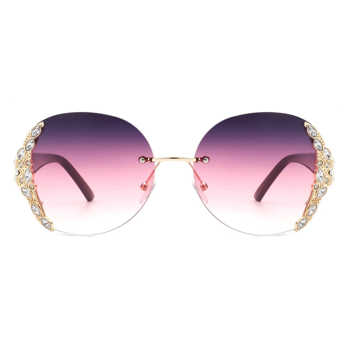 Jadeisle - Women Oval Rimless Rhinestone Design Round Oversize Sunglasses - Charming Charlie