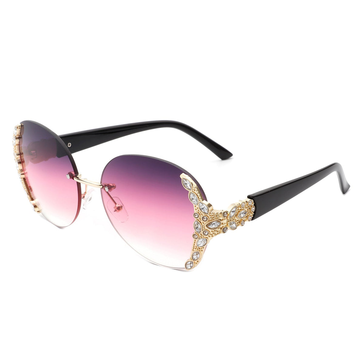 Jadeisle - Women Oval Rimless Rhinestone Design Round Oversize Sunglasses - Charming Charlie