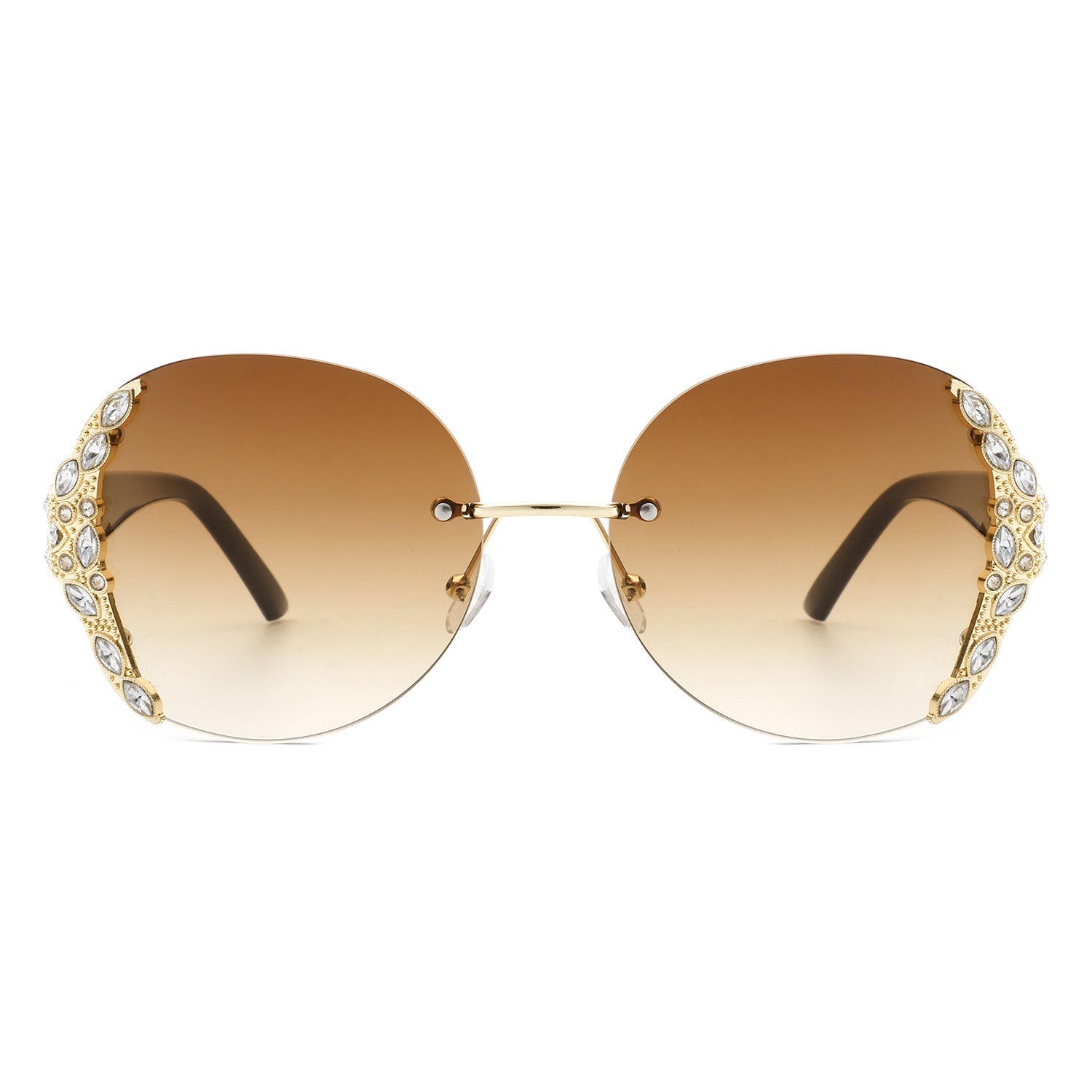 Jadeisle - Women Oval Rimless Rhinestone Design Round Oversize Sunglasses - Charming Charlie