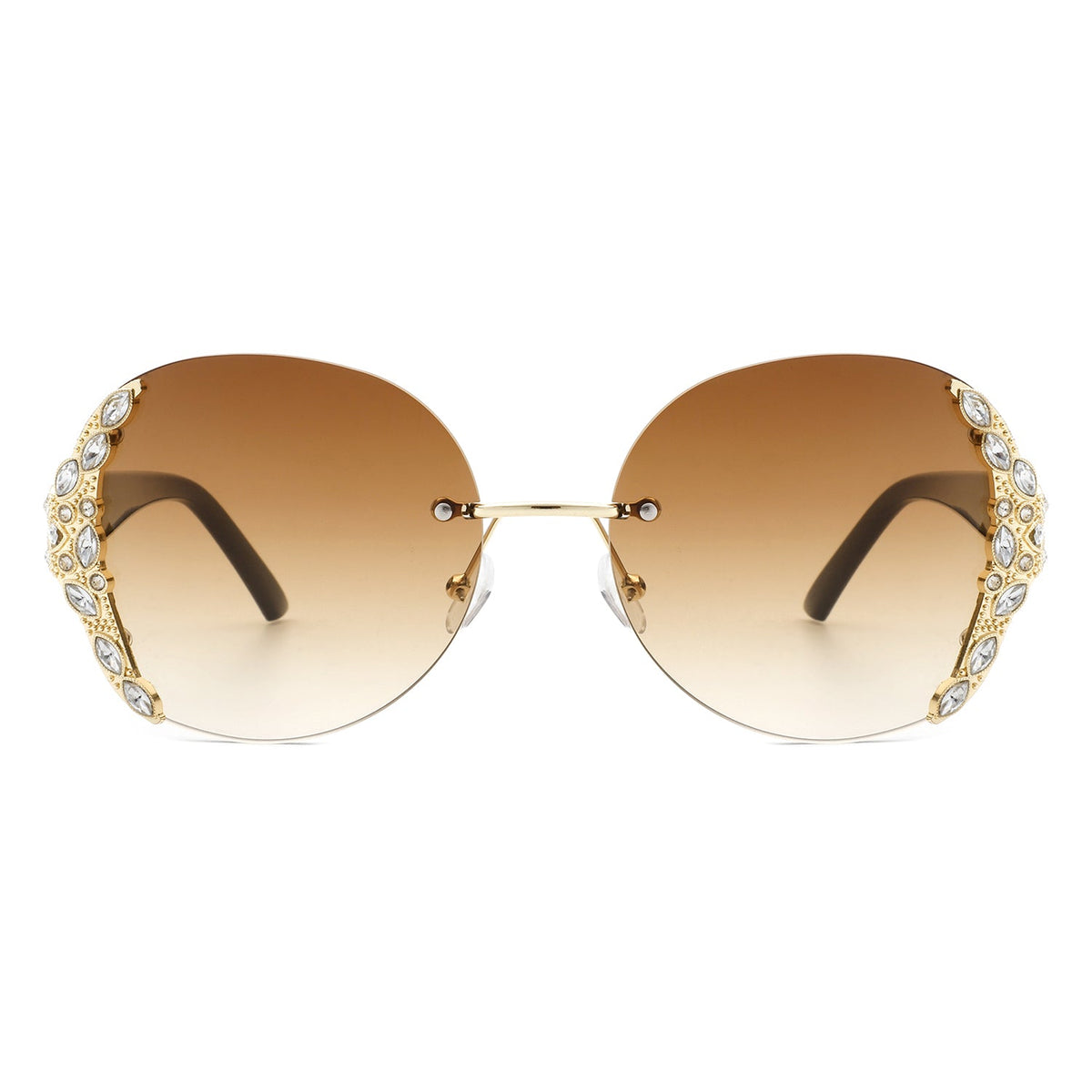 Jadeisle - Women Oval Rimless Rhinestone Design Round Oversize Sunglasses - Charming Charlie