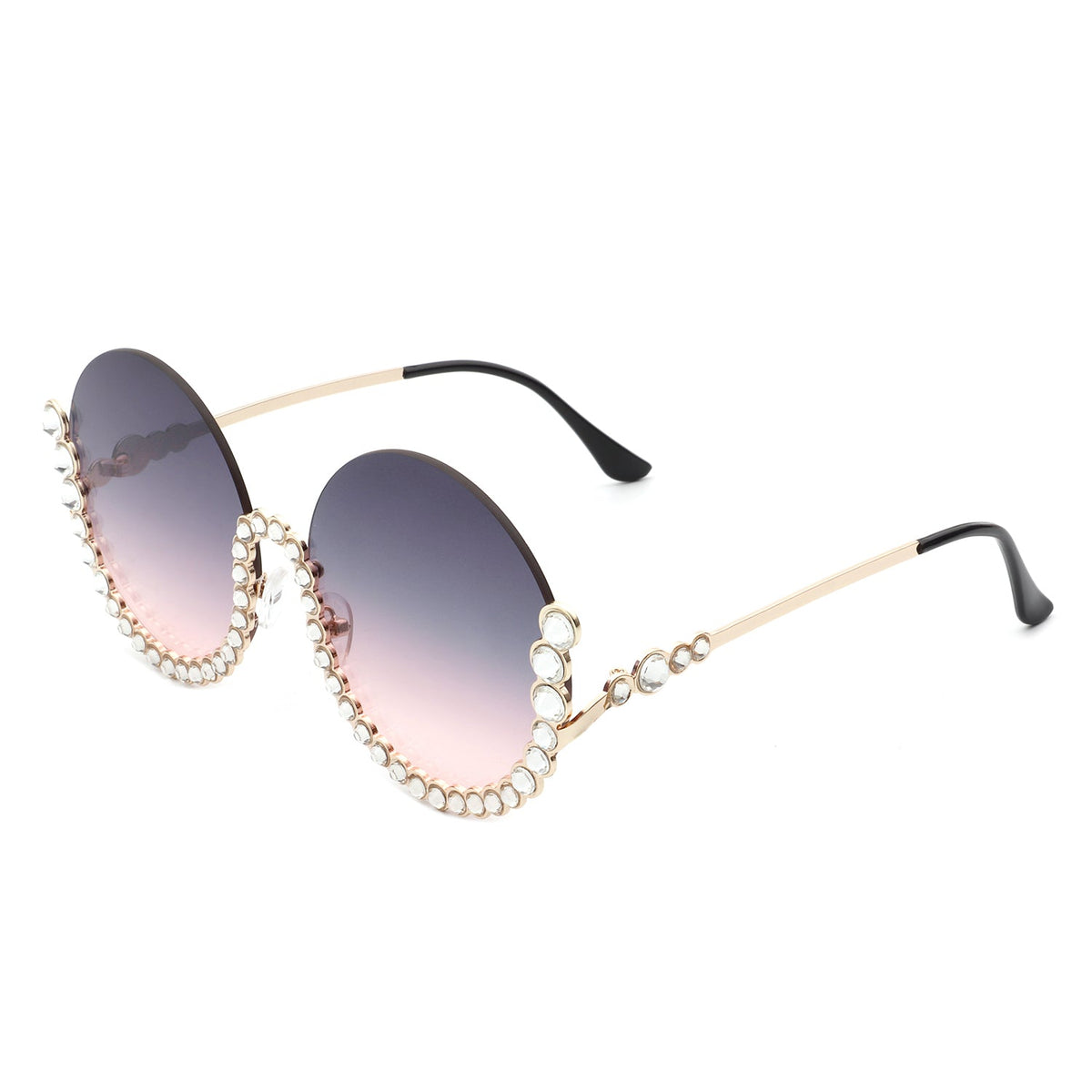 Gloriana - Women Circle Half Frame Oversize Rhinestone Fashion Round Sunglasses - Charming Charlie