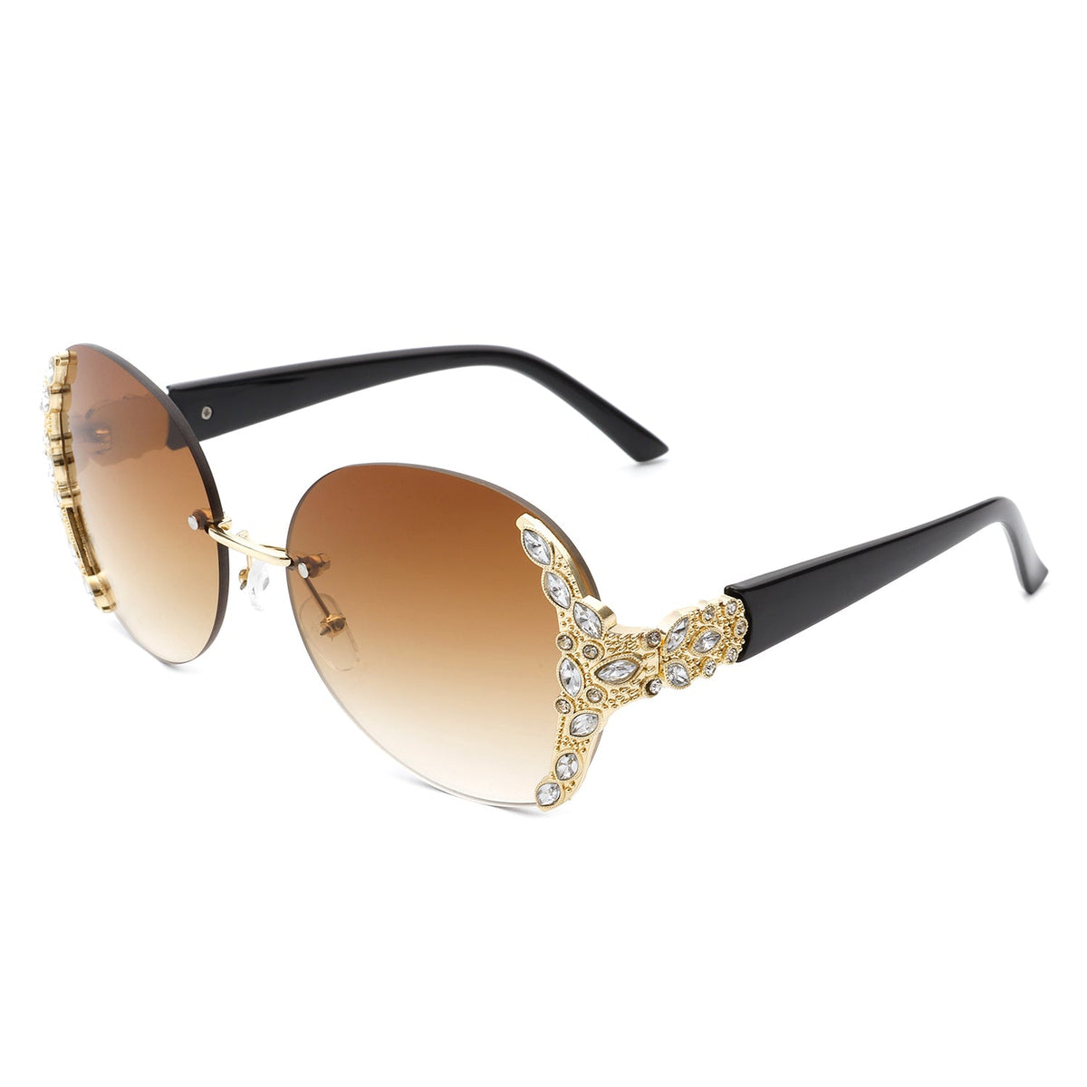 Jadeisle - Women Oval Rimless Rhinestone Design Round Oversize Sunglasses - Charming Charlie