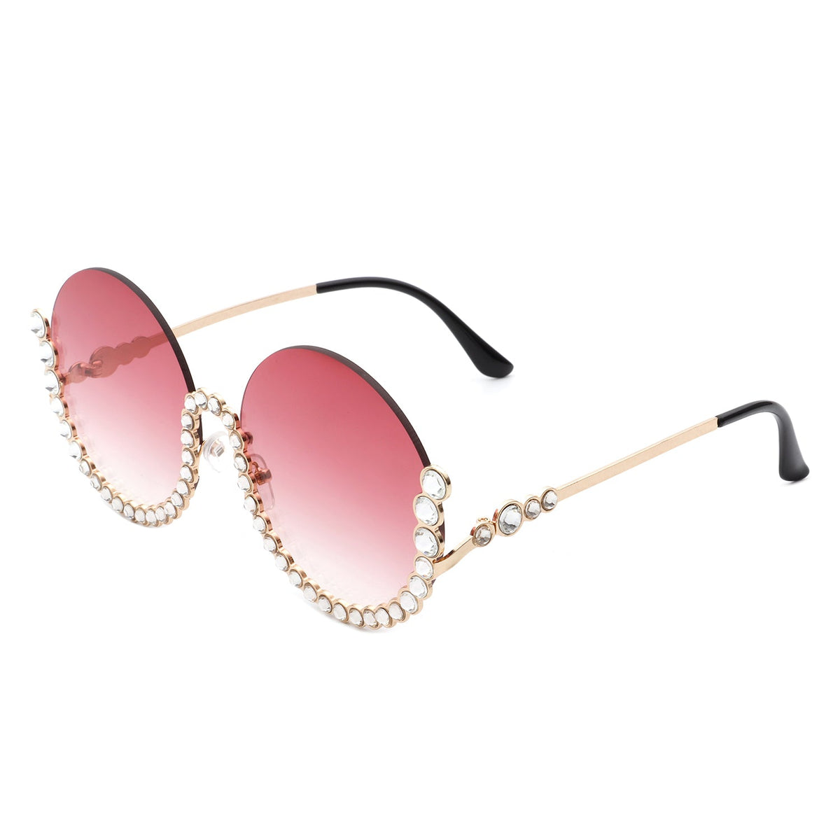 Gloriana - Women Circle Half Frame Oversize Rhinestone Fashion Round Sunglasses - Charming Charlie