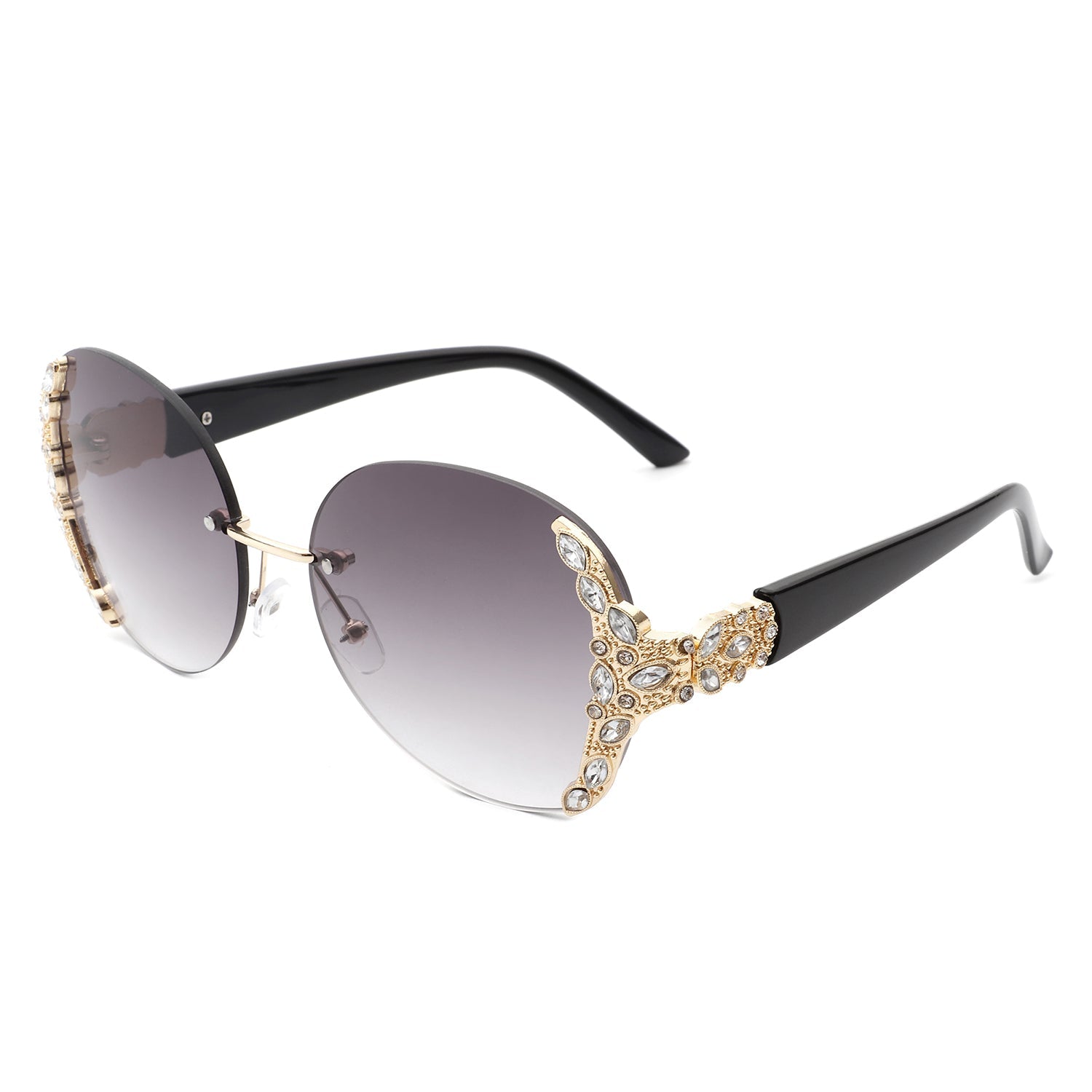 Jadeisle - Women Oval Rimless Rhinestone Design Round Oversize Sunglasses - Charming Charlie