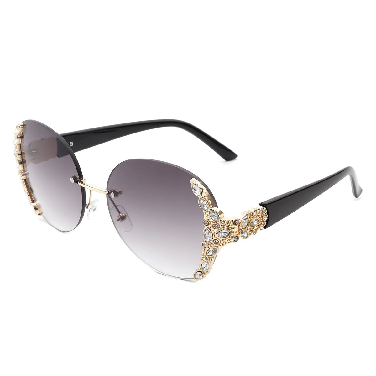 Jadeisle - Women Oval Rimless Rhinestone Design Round Oversize Sunglasses - Charming Charlie