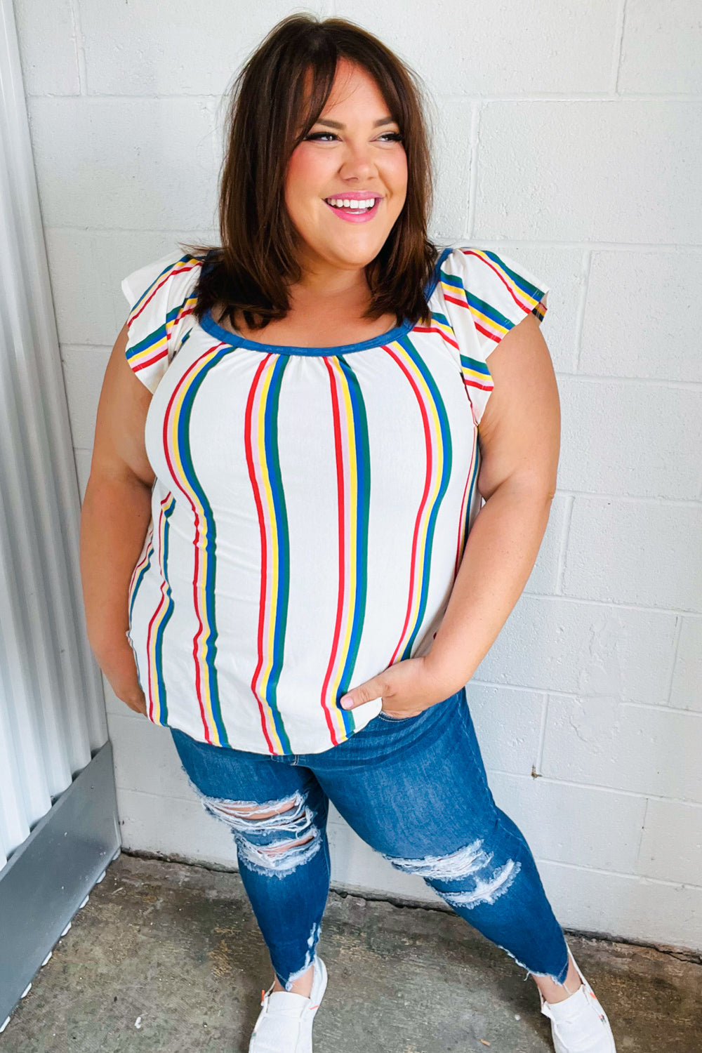 Multicolor Striped Raglan Flutter Sleeve Top - Charming Charlie