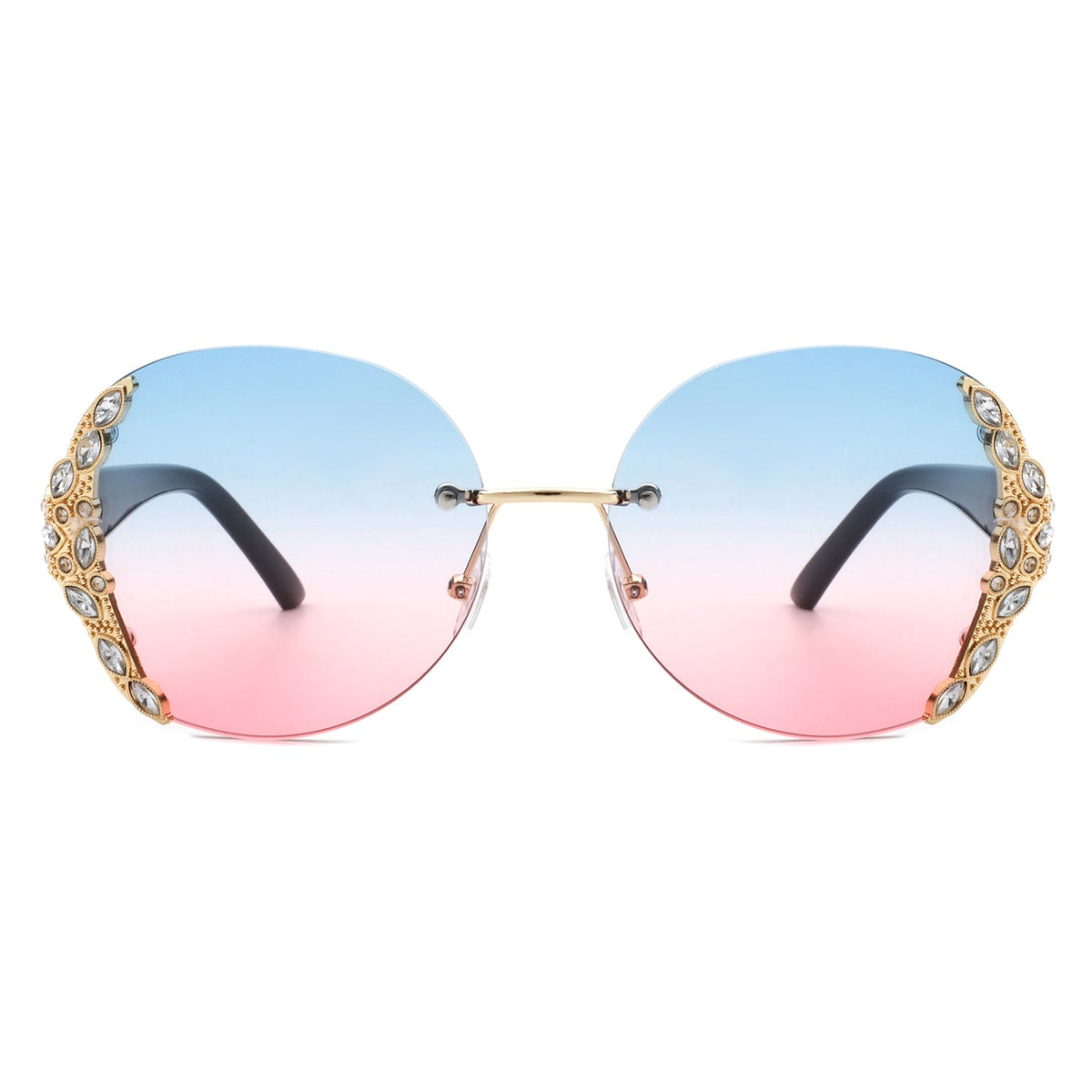 Jadeisle - Women Oval Rimless Rhinestone Design Round Oversize Sunglasses - Charming Charlie