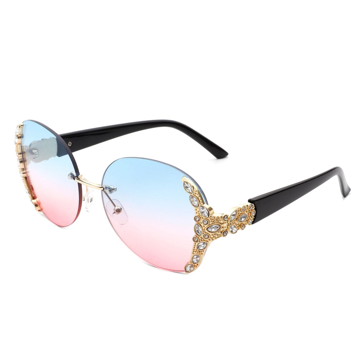 Jadeisle - Women Oval Rimless Rhinestone Design Round Oversize Sunglasses - Charming Charlie