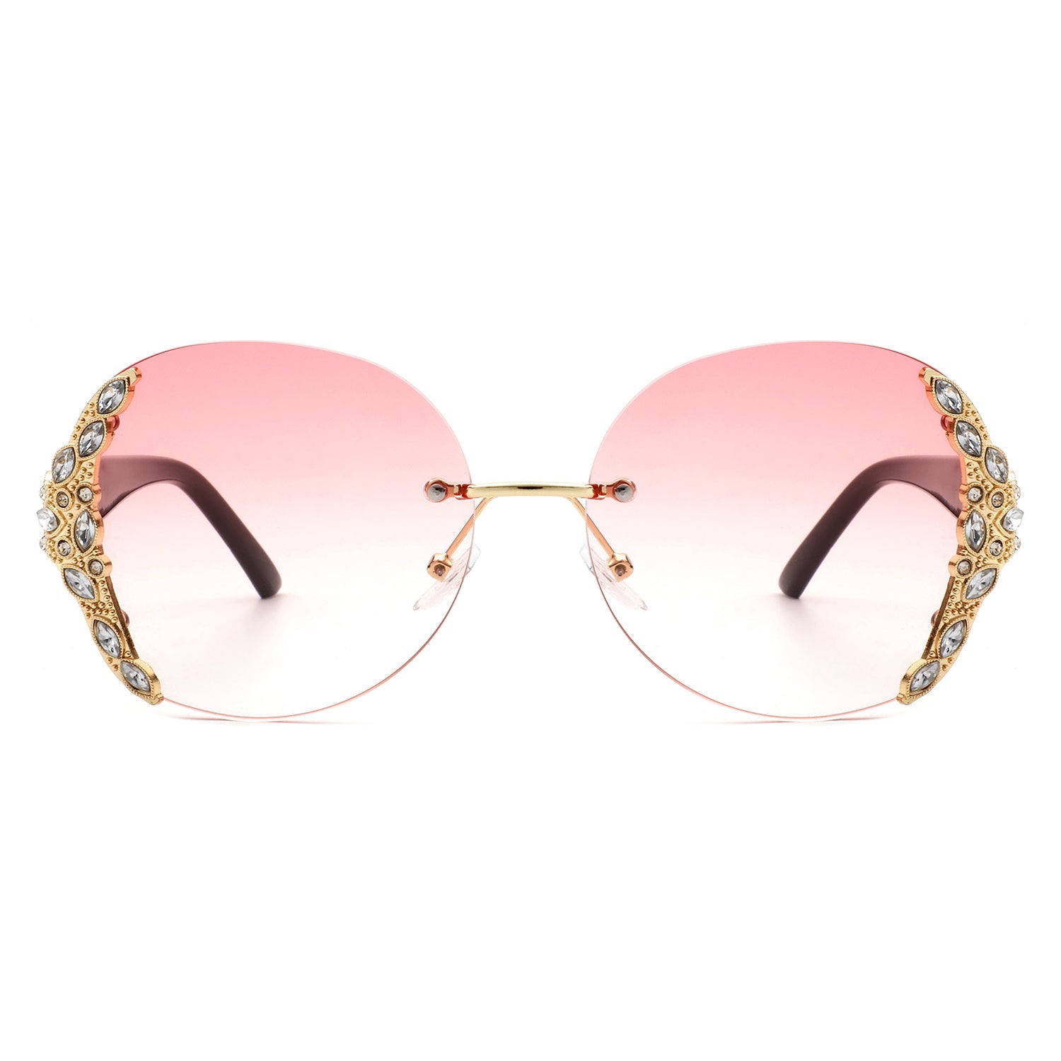 Jadeisle - Women Oval Rimless Rhinestone Design Round Oversize Sunglasses - Charming Charlie
