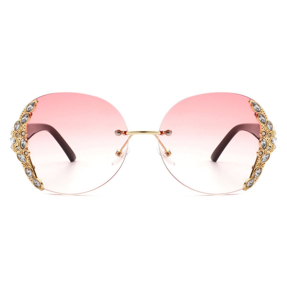 Jadeisle - Women Oval Rimless Rhinestone Design Round Oversize Sunglasses - Charming Charlie