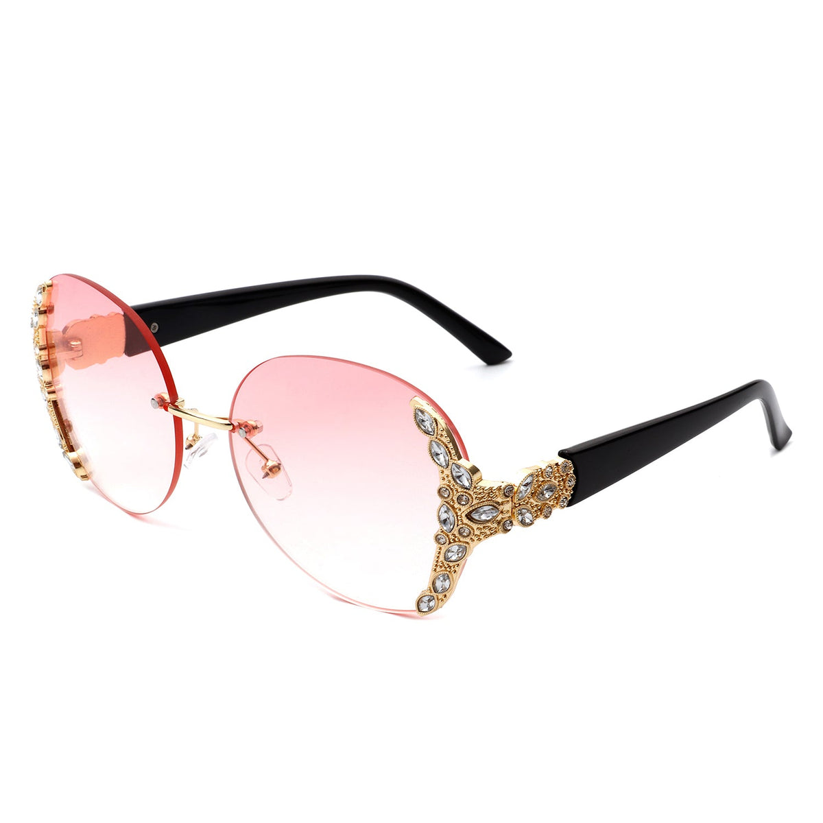 Jadeisle - Women Oval Rimless Rhinestone Design Round Oversize Sunglasses - Charming Charlie